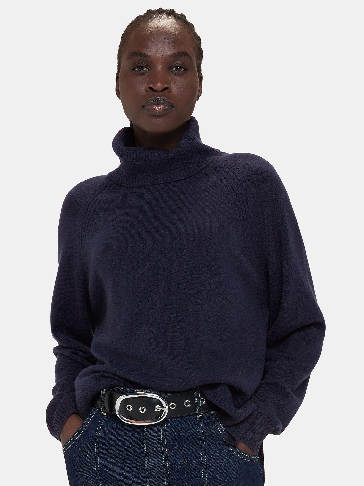 Product image 3 of 5, which shows Whistles Cashmere Roll Neck Raglan Jumper, Navy, XS