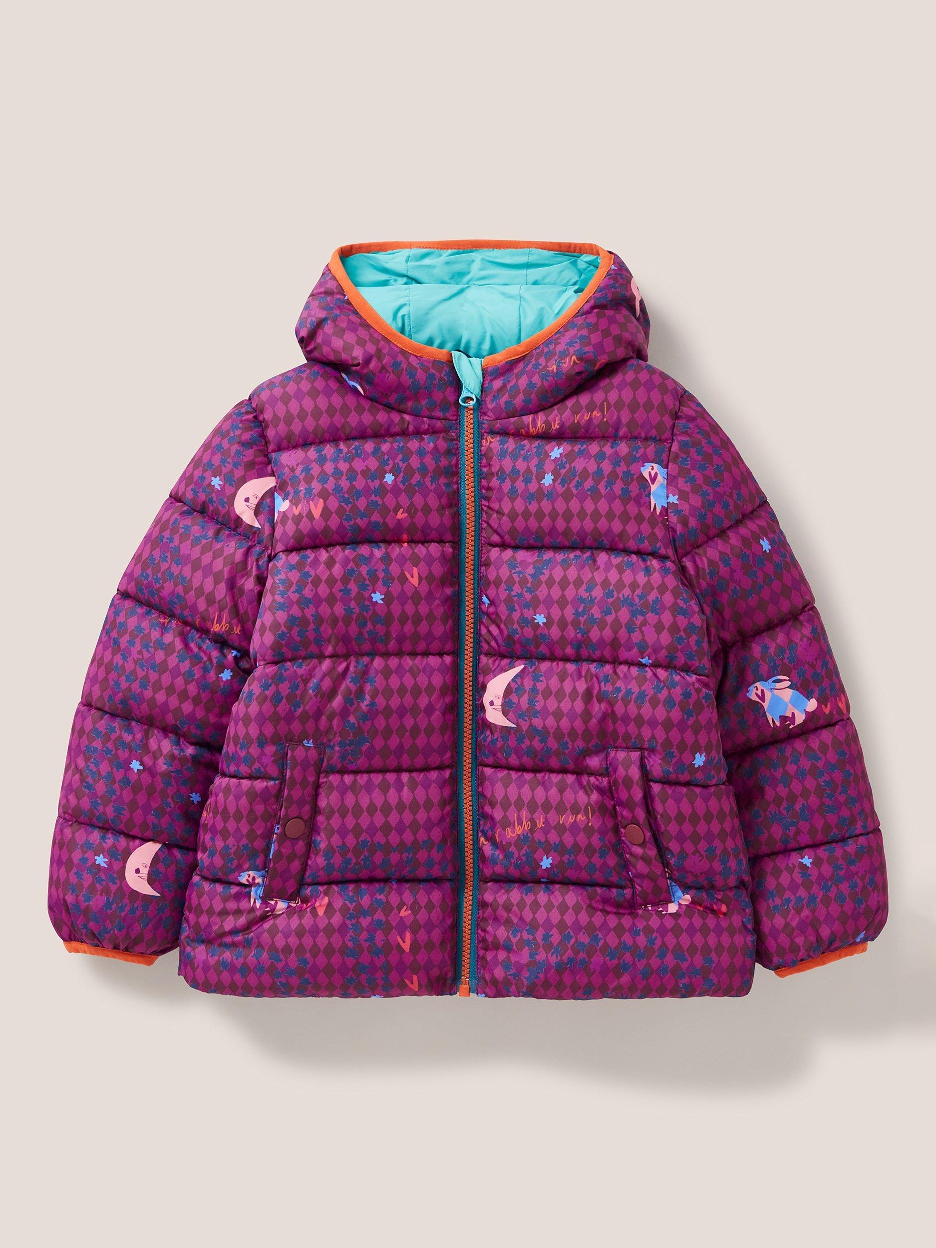 White Stuff Kids' Moon Print Hooded Puffer Jacket, Pink