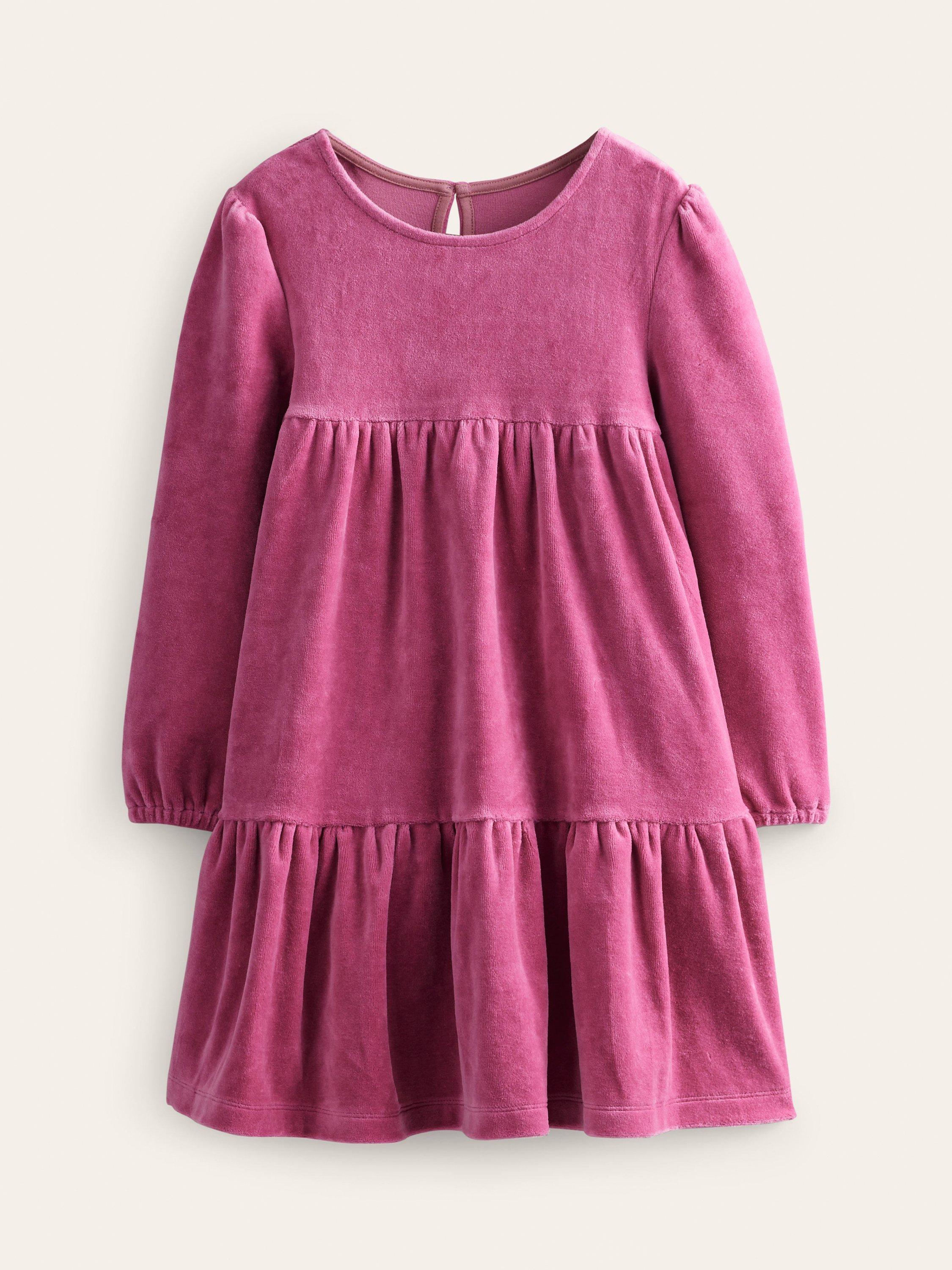 Mini Boden Kids' Tiered Velour Dress, Pink