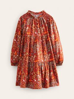 Mini Boden Kids' Tiered Jersey Autumn Fox Dress, Brown/Multi, Brown/Multi