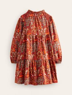 Mini Boden Kids' Tiered Jersey Autumn Fox Dress, Brown/Multi - view 2, Brown/Multi
