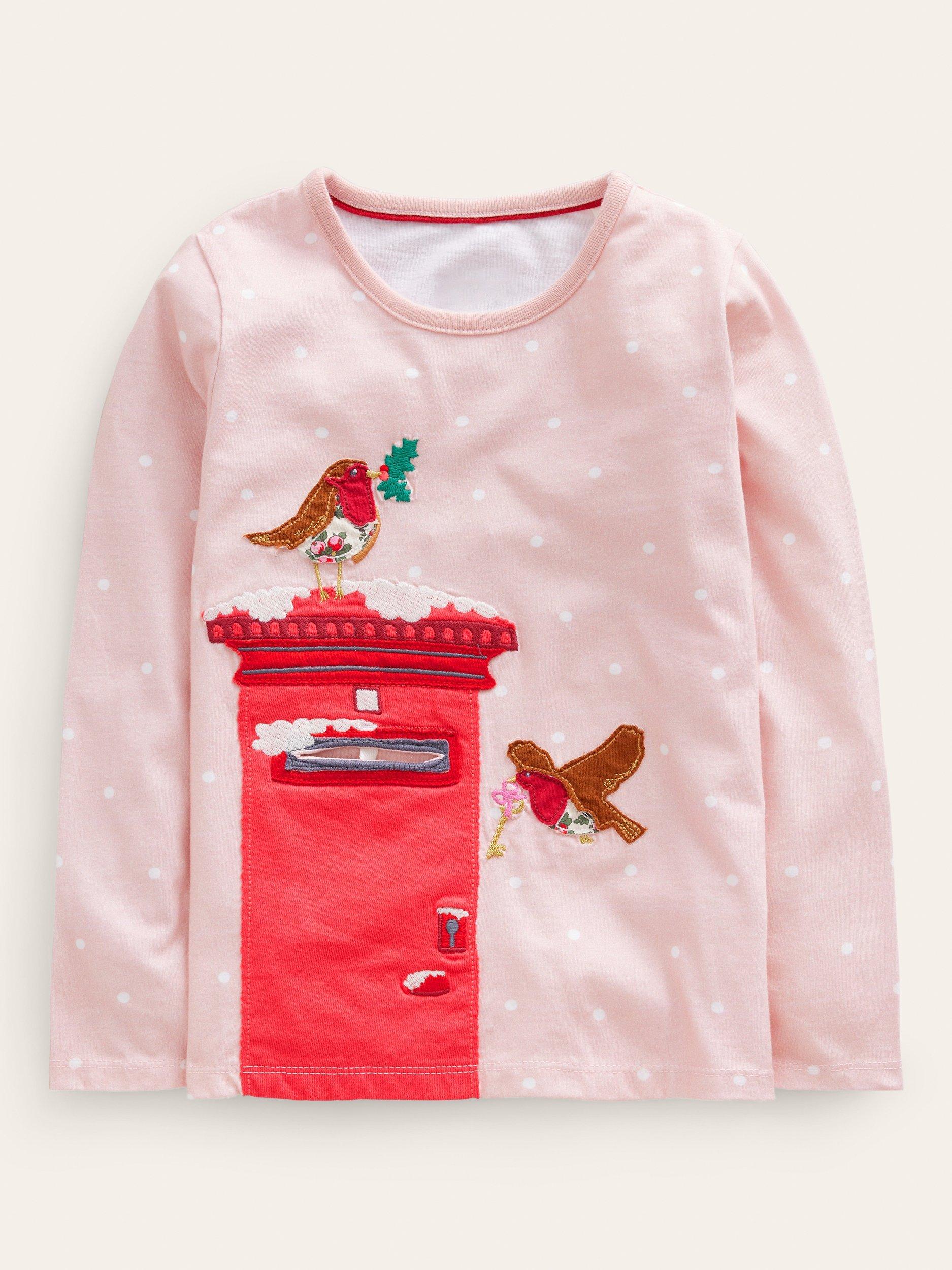 Mini Boden Kids' Christmas Postbox Applique Cotton Top, Boto Pink Spot