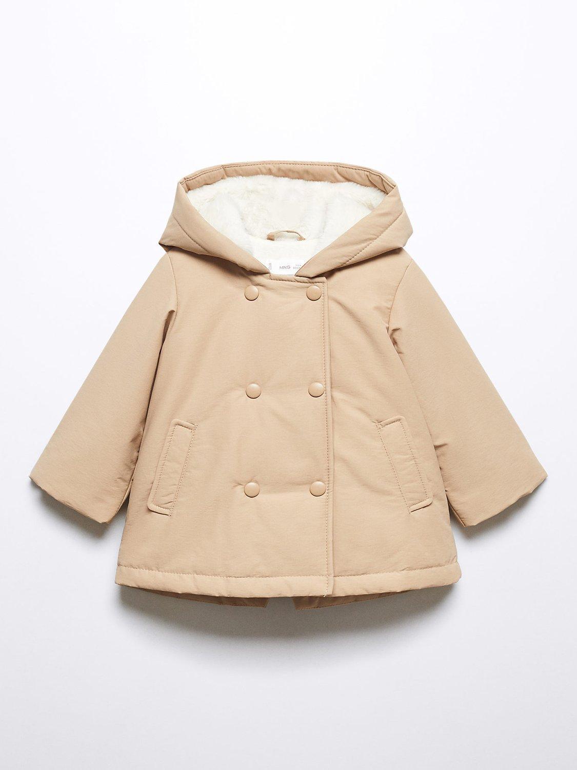 Mango Baby Lina Faux Shearling Lined Double Breast Hooded Jacket, Light Pastel Brown