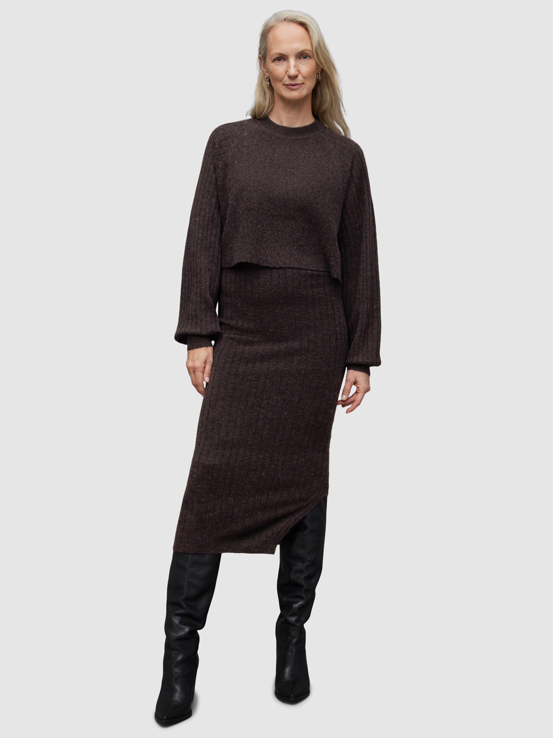 AllSaints Margot 2-in-1 Ribbed Midi Dress, Warm Cacao Brown, M
