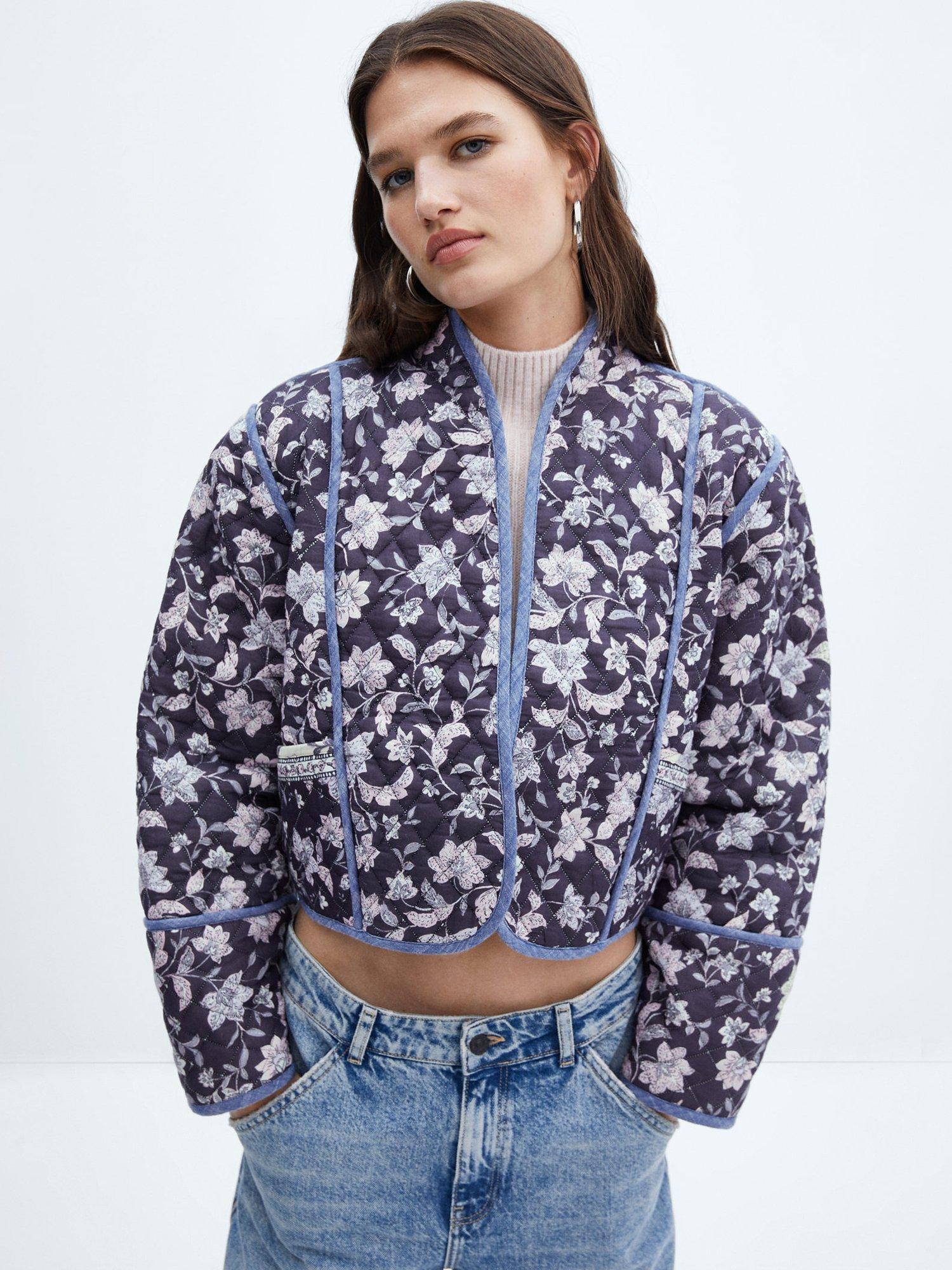 Mango Flores Reversible Quilted Jacket, Navy/Multi