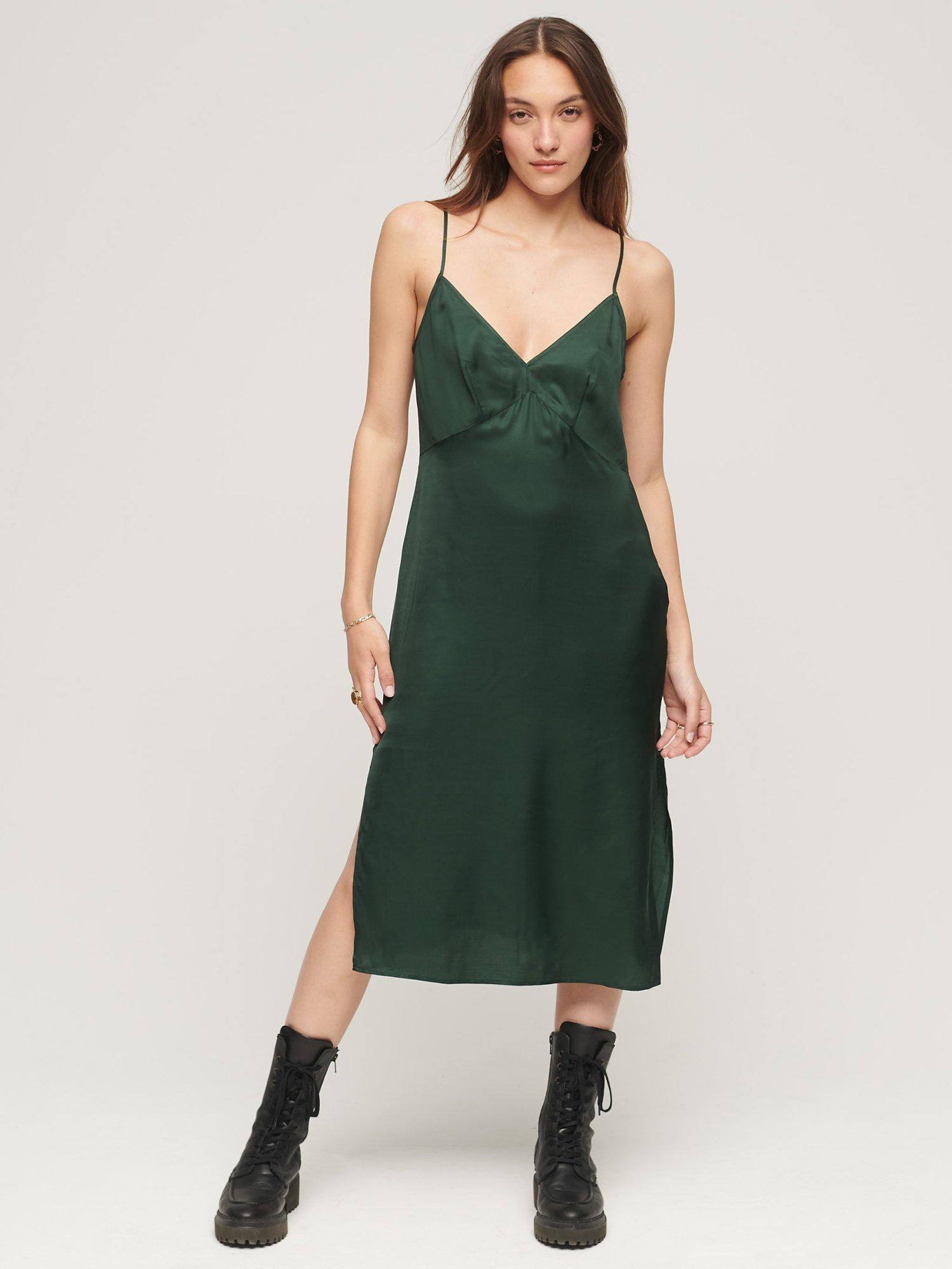 Superdry Satin Cami Midi Dress, Deep Forest Green