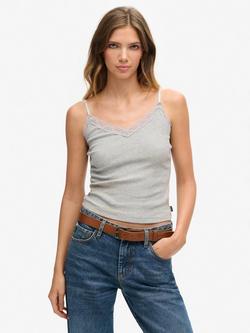 Superdry Organic Cotton Vintage Rib Lace Cami Top, Grey Marl