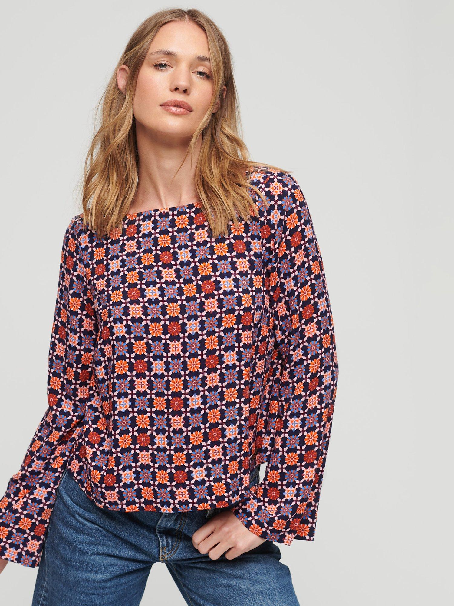 Superdry Printed Flared Woven Top, Geo Floral Print