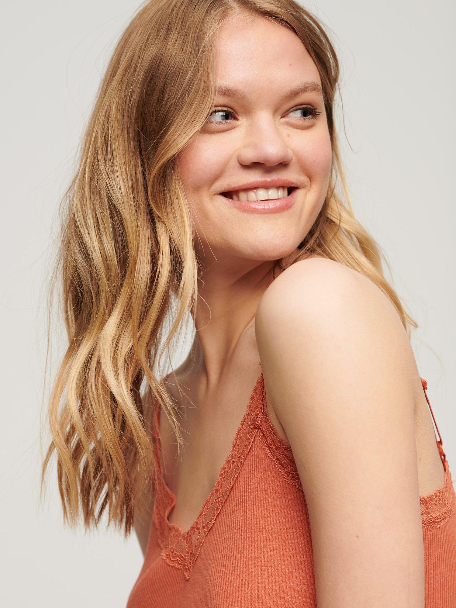 Product image 4 of 5, which shows Superdry Organic Cotton Vintage Rib Lace Cami Top, Rust Orange Marl, XS-S