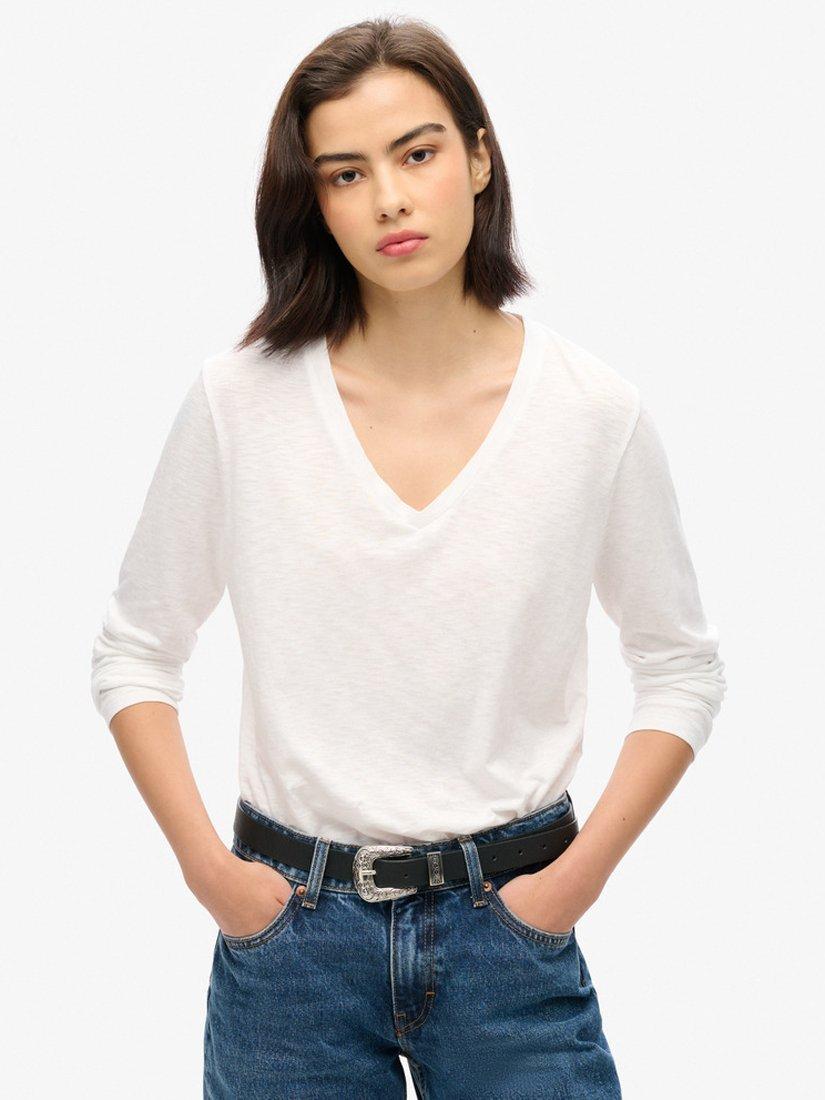 Product image 1 of 5, which shows Superdry Long Sleeve Jersey V-Neck Top, Optic White, 8