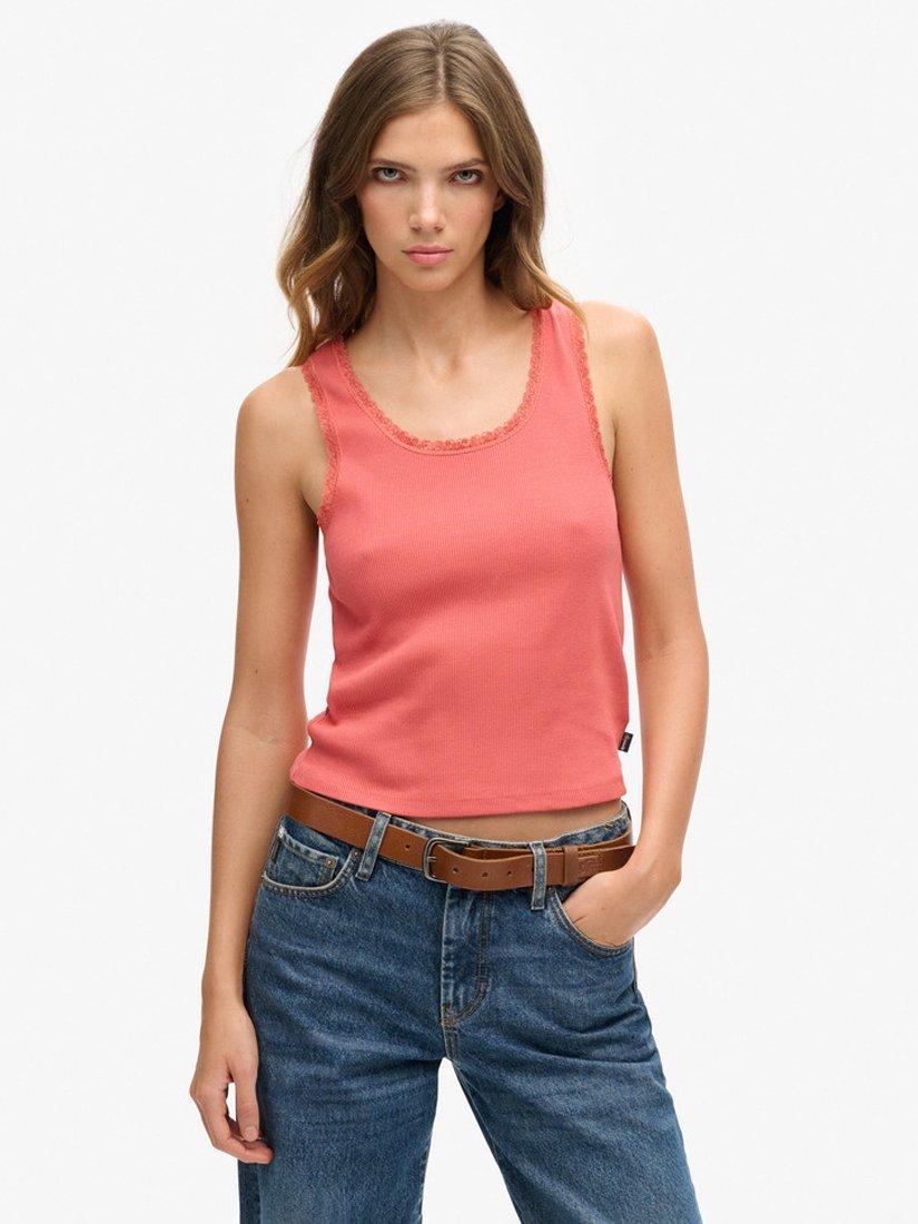 Product image 1 of 5, which shows Superdry Organic Cotton Vintage Lace Trim Vest Top, Coral Peach, M-L