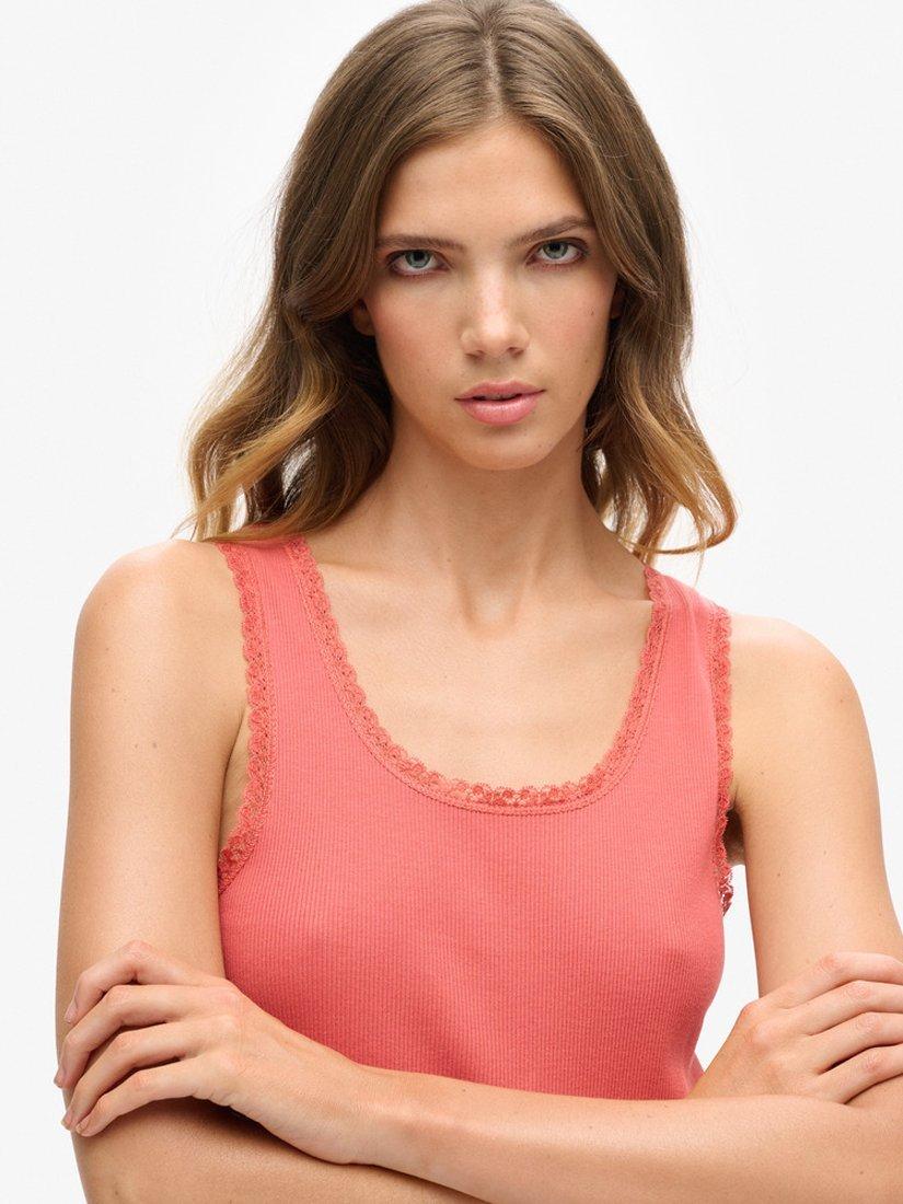 Product image 4 of 5, which shows Superdry Organic Cotton Vintage Lace Trim Vest Top, Coral Peach, M-L