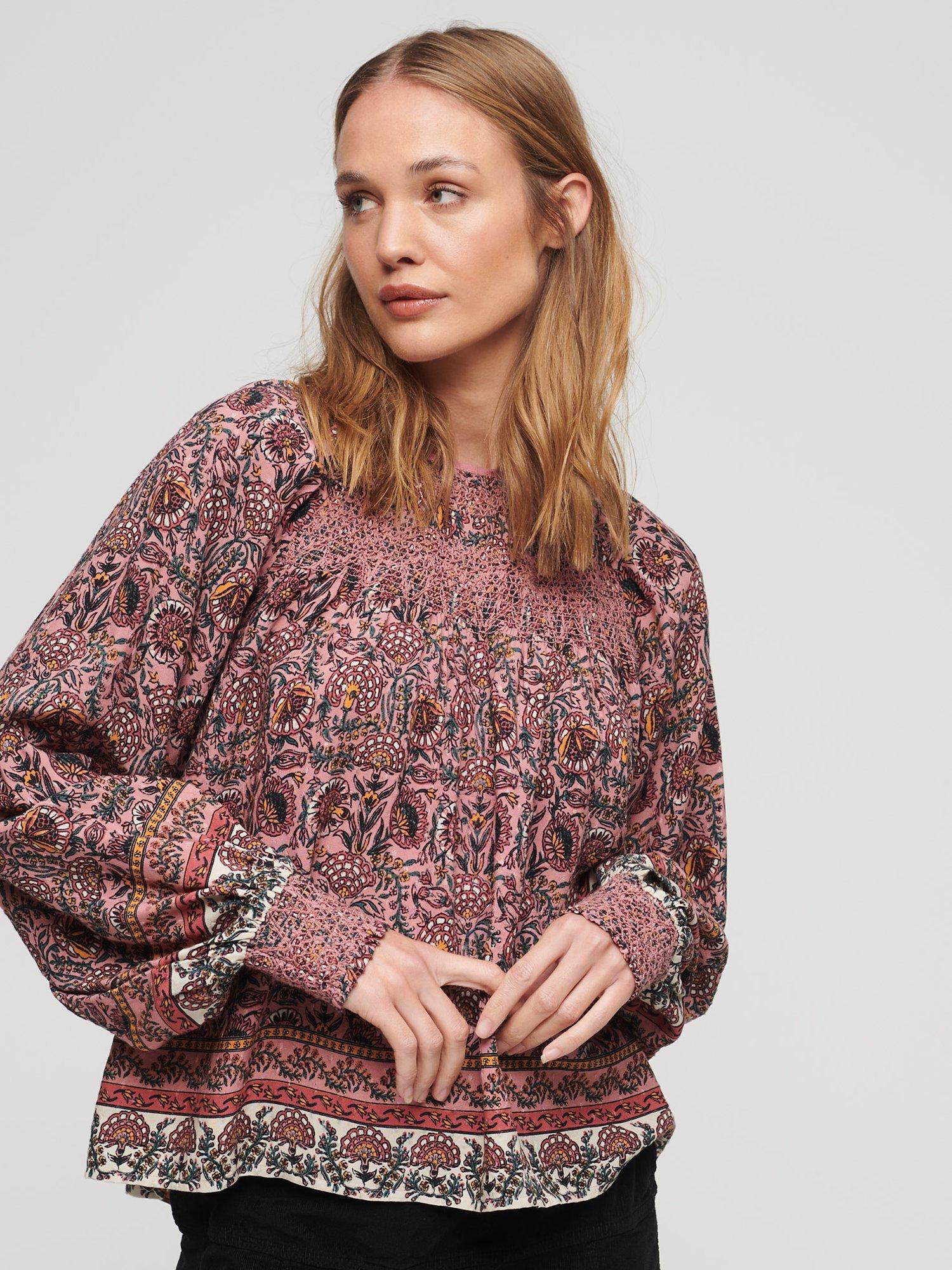 Good LONG SLEEVE BUTTON DETAIL SMOCKED FLORAL PRINT WOVEN TOP SMALL