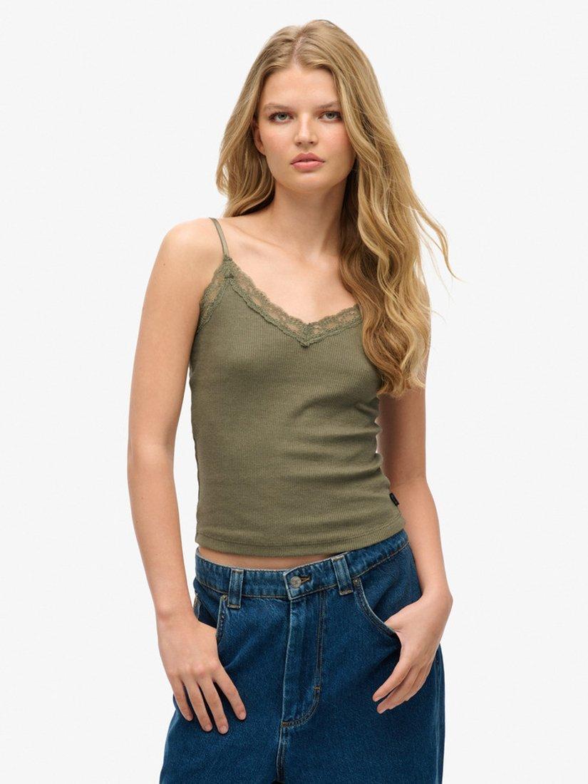 Product image 1 of 5, which shows Superdry Organic Cotton Essential Rib Lace Cami, Olive Green, XS-S