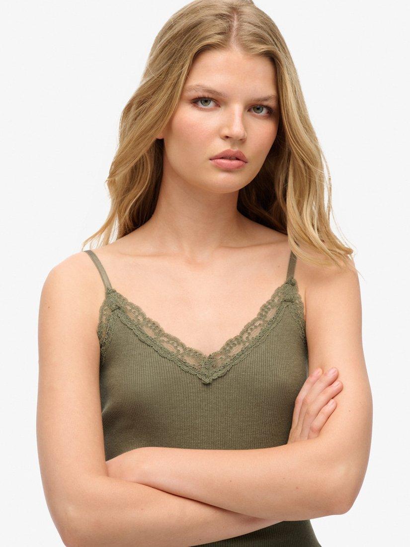 Product image 2 of 5, which shows Superdry Organic Cotton Essential Rib Lace Cami, Olive Green, XS-S
