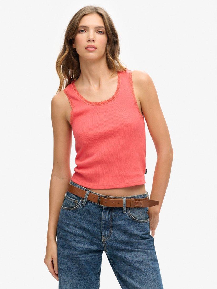 Superdry Organic Cotton Vintage Lace Trim Vest Top, Summer Coral Marl, XS-S