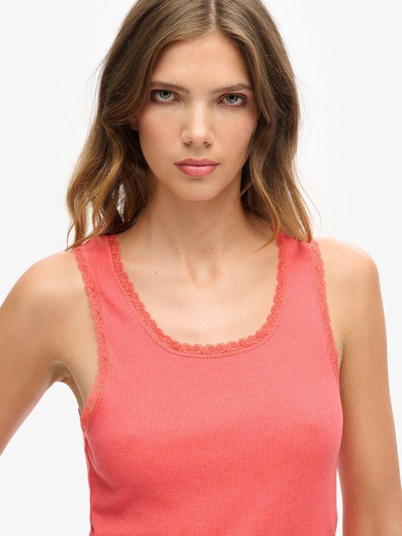 Superdry Organic Cotton Vintage Lace Trim Vest Top, Summer Coral Marl, XS-S