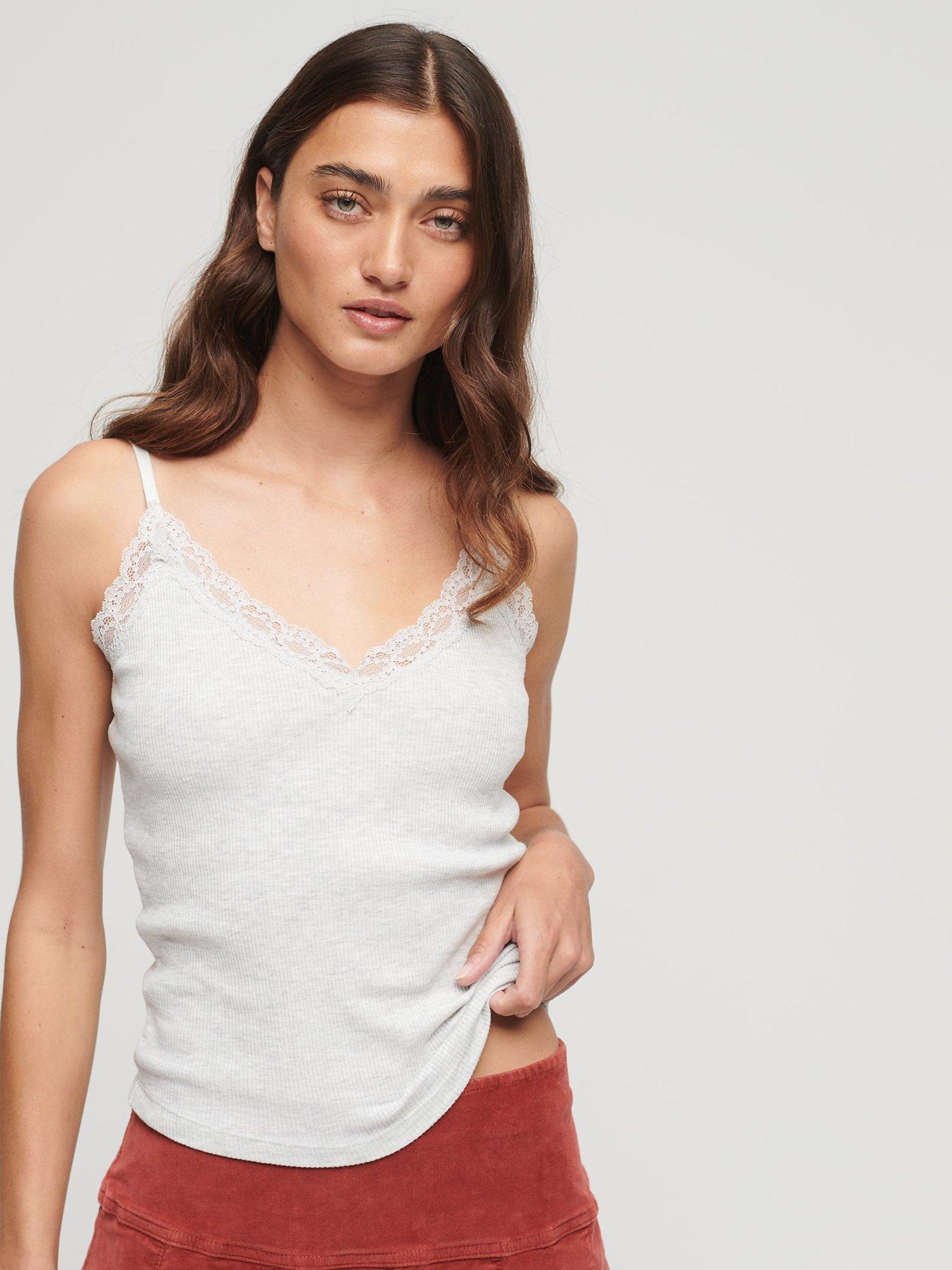 Product image 1 of 5, which shows Superdry Organic Cotton Essential Rib Lace Cami, Light Iced Grey Marl, XS-S