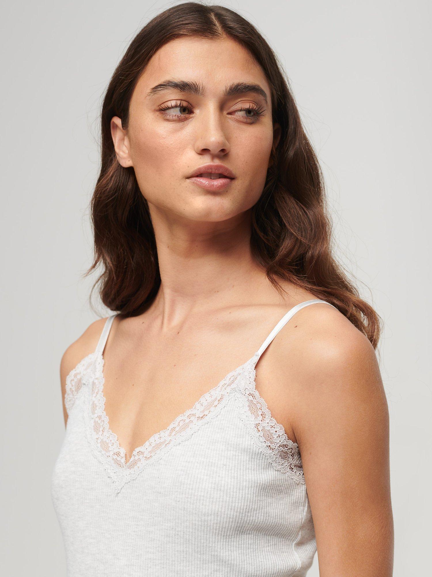 Product image 4 of 5, which shows Superdry Organic Cotton Essential Rib Lace Cami, Light Iced Grey Marl, XS-S