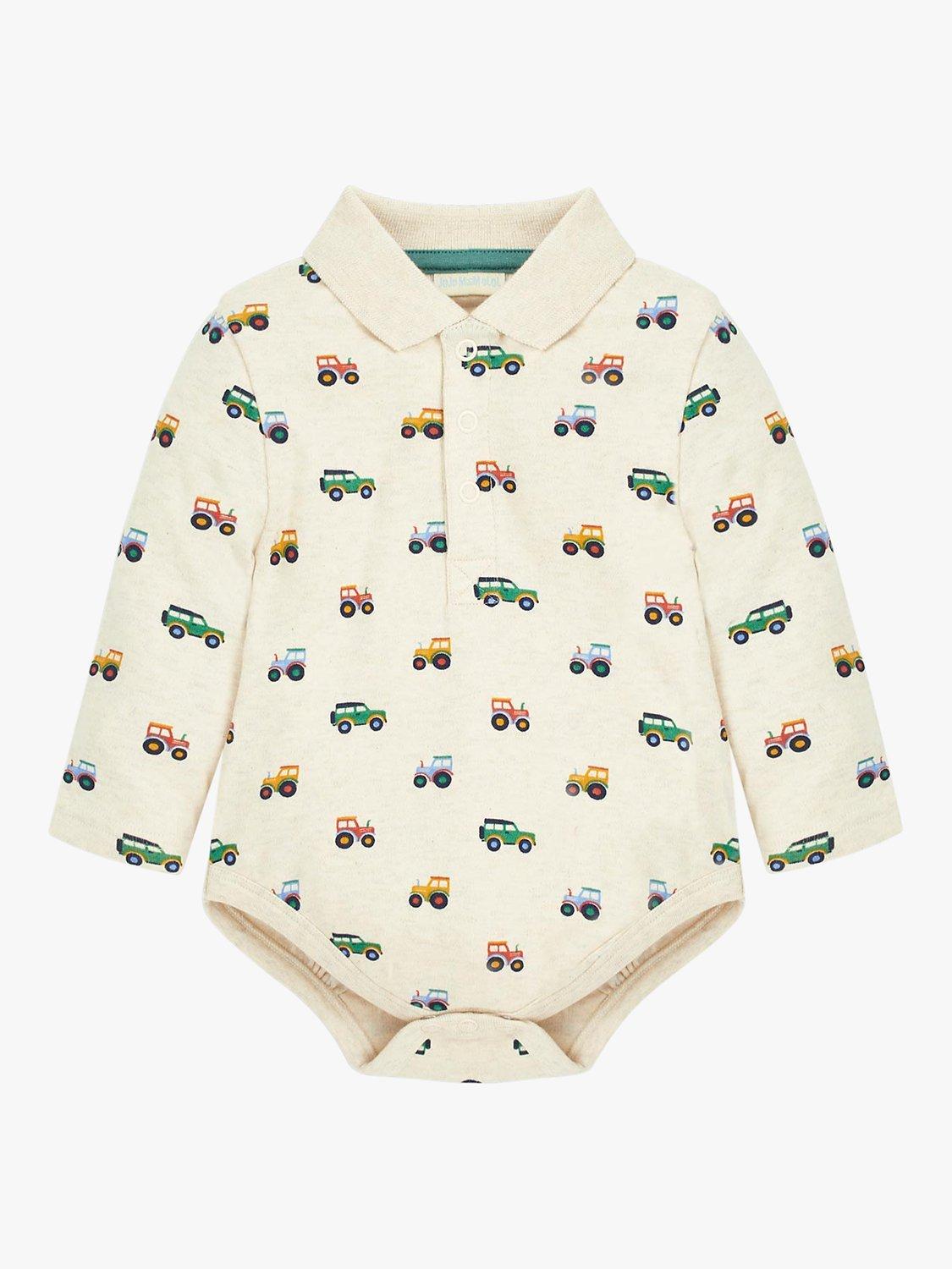 JoJo Maman Bébé Baby Tractor Print Polo Shirt Bodysuit, Natural