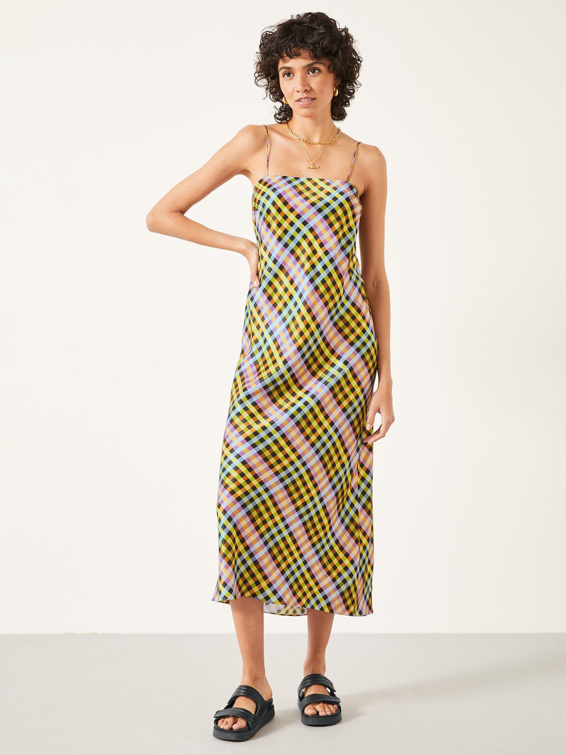 HUSH Alessandra Gingham Satin Slip Midi Dress, Multi