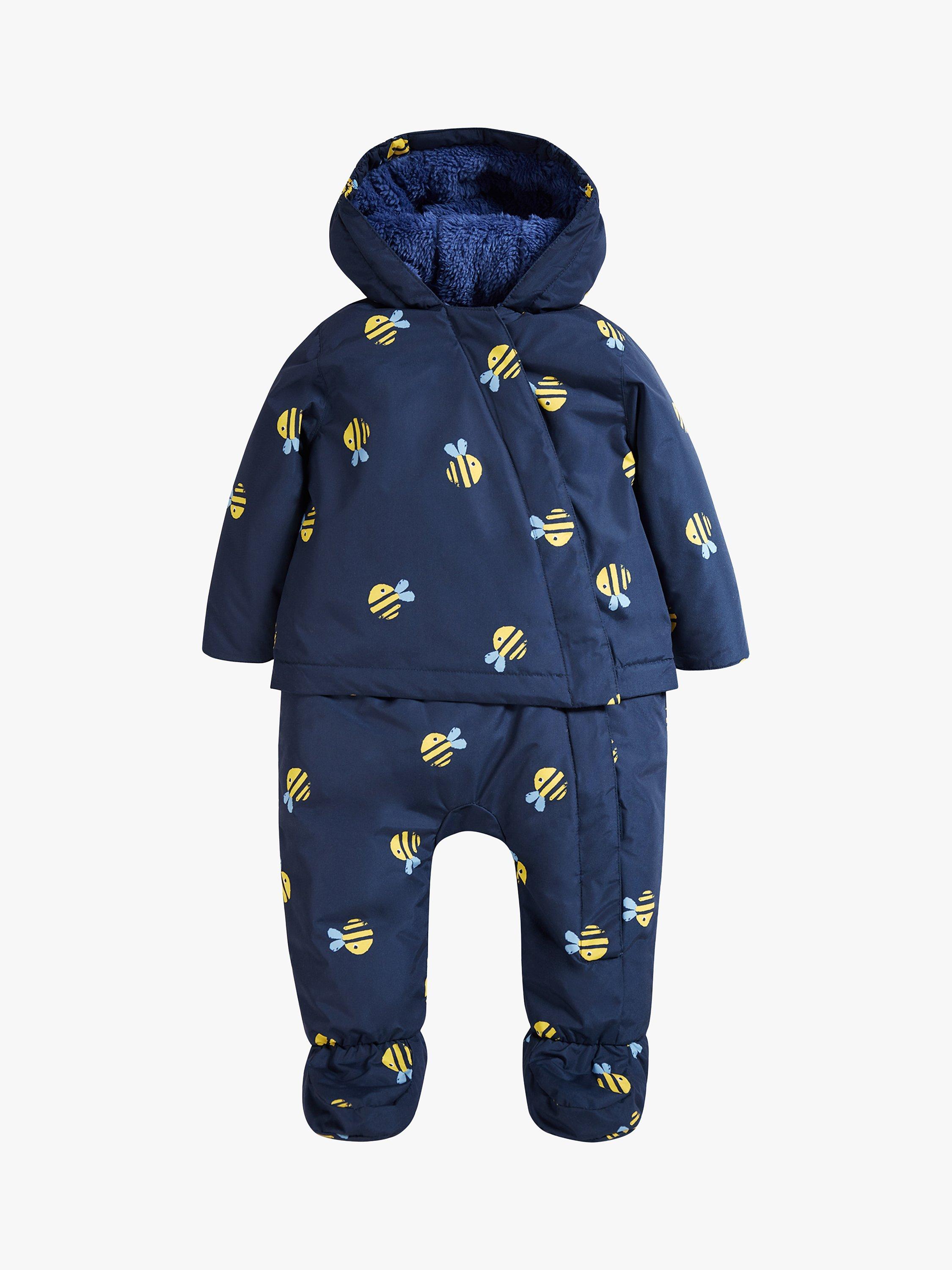 Product image 1 of 10, which shows Frugi Baby 2 in 1 Bee Rambler Pram Suit to Coat, Navy/Multi, Newborn