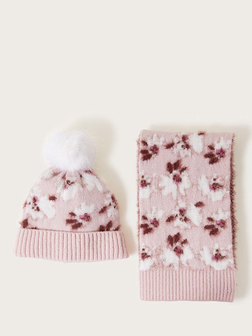 Monsoon Kids' Floral Fluffy Knit Pom Pom Hat & Scarf Set, Pink