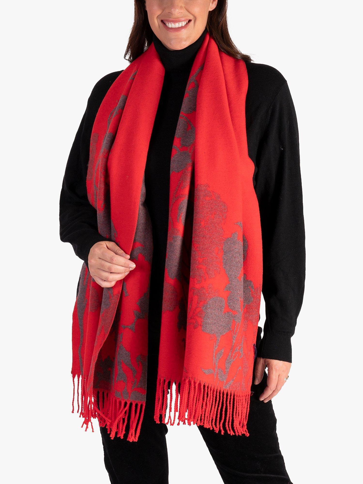 Product image 1 of 6, which shows chesca Floral and Leaf Pattern Fringed Scarf, Red/Grey, One Size