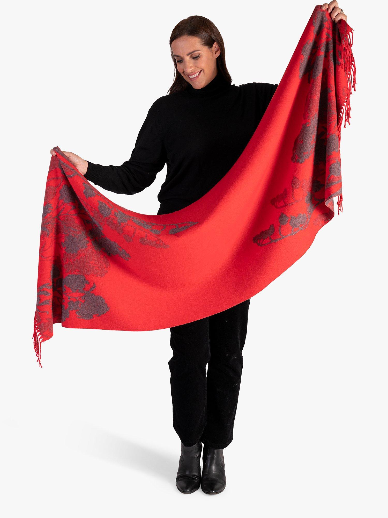 Product image 2 of 6, which shows chesca Floral and Leaf Pattern Fringed Scarf, Red/Grey, One Size