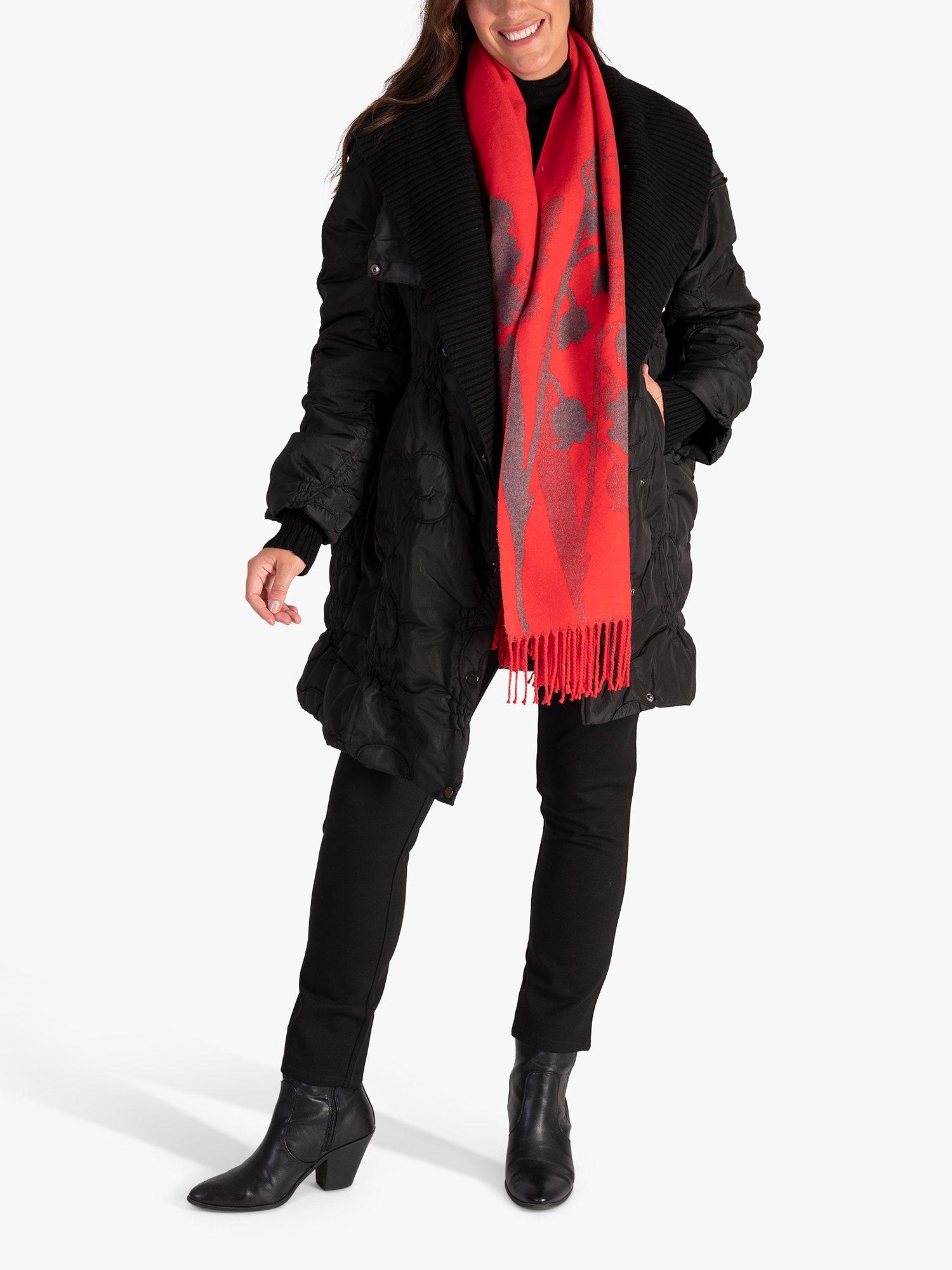 Product image 3 of 6, which shows chesca Floral and Leaf Pattern Fringed Scarf, Red/Grey, One Size