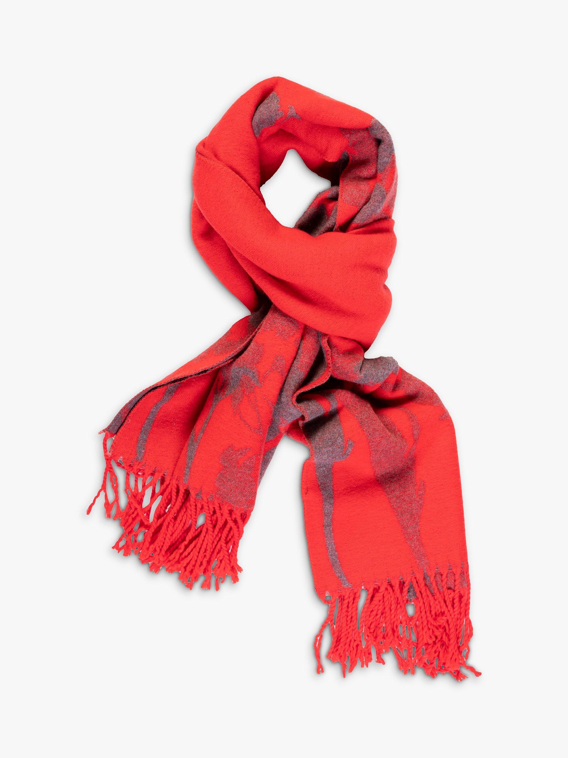 Product image 4 of 6, which shows chesca Floral and Leaf Pattern Fringed Scarf, Red/Grey, One Size