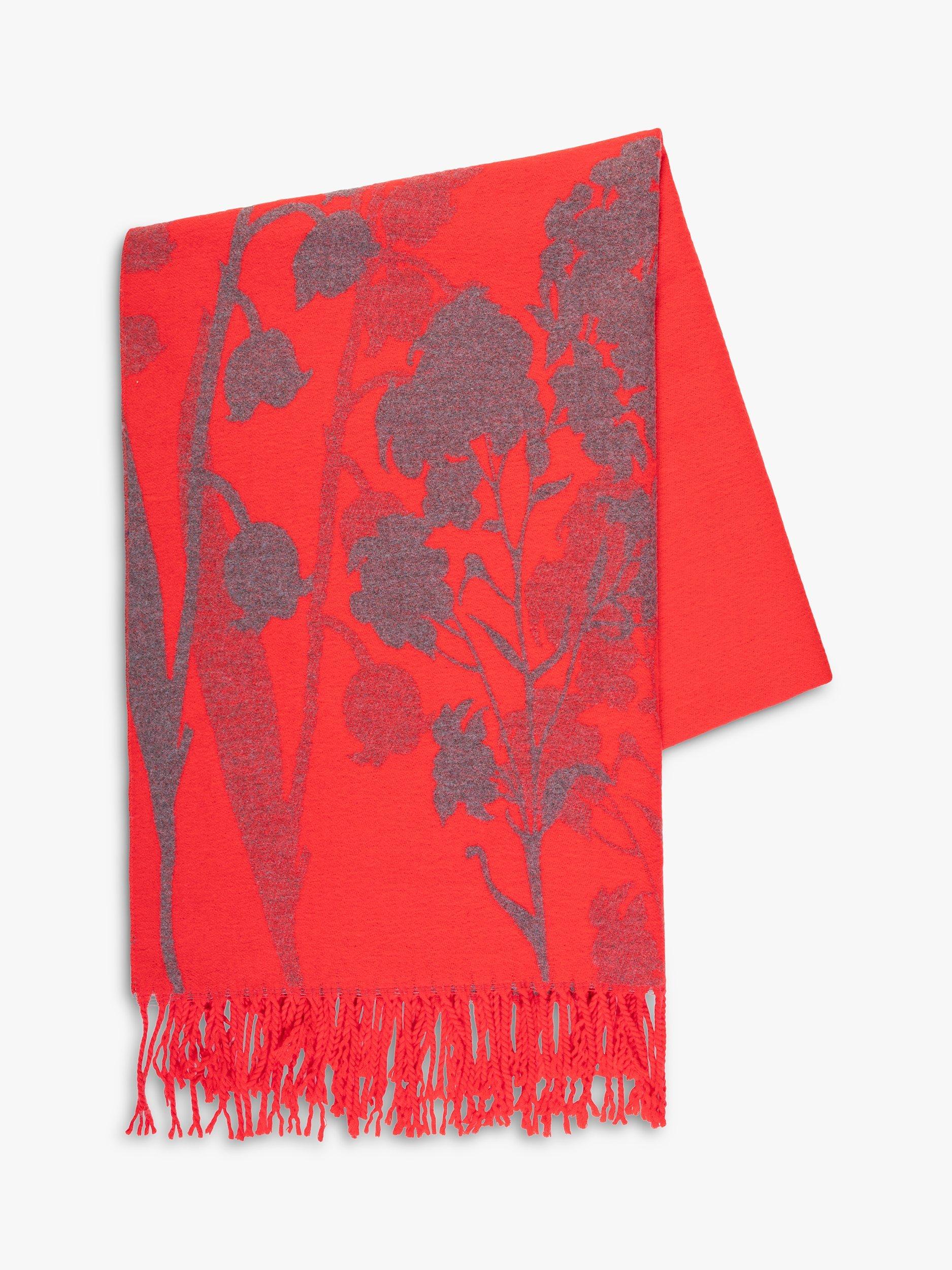 Product image 6 of 6, which shows chesca Floral and Leaf Pattern Fringed Scarf, Red/Grey, One Size