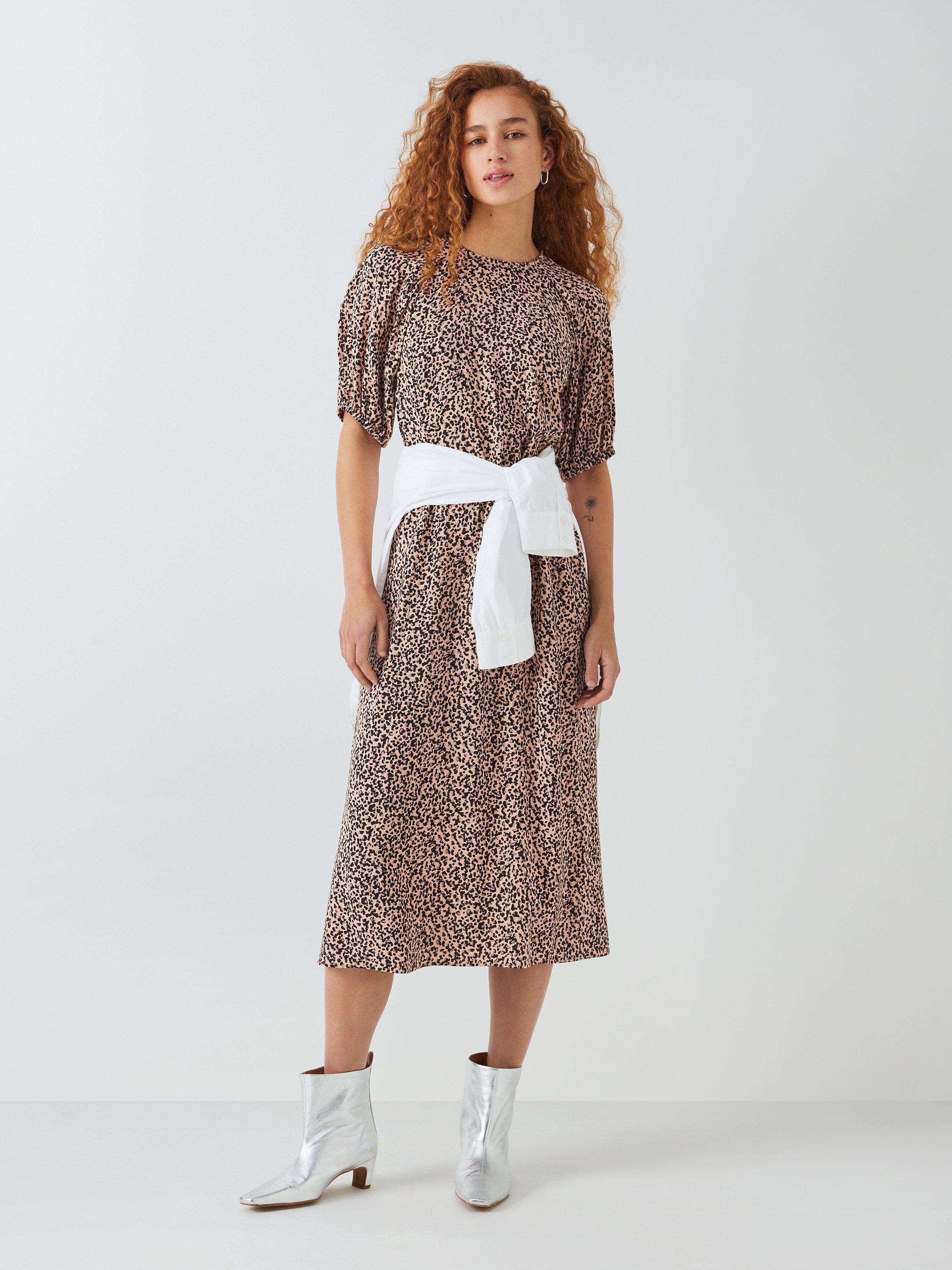 John Lewis ANYDAY Animal Print Puff Sleeve Midi Dress Neutral