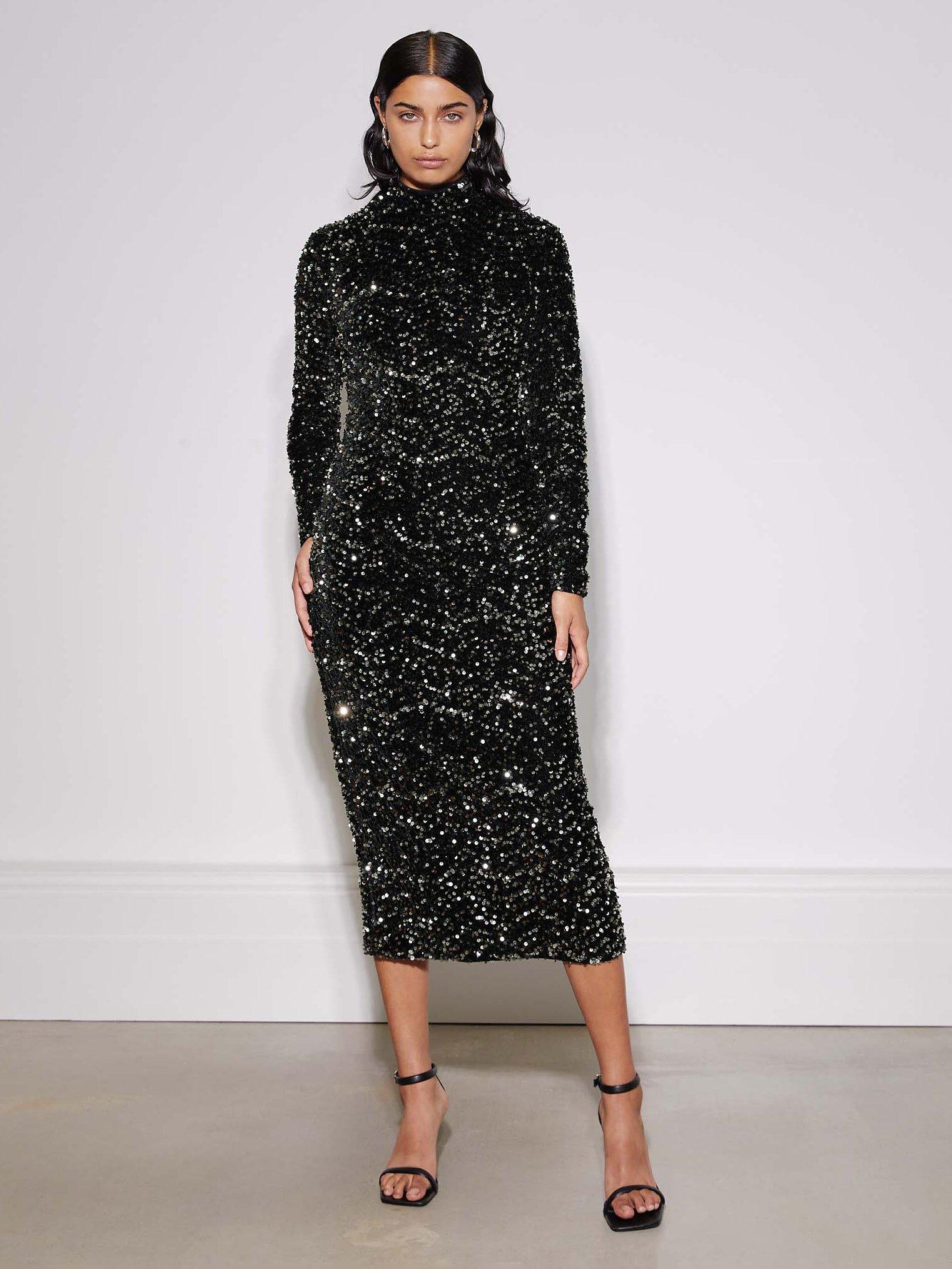Albaray Midi Velvet Sequin Dress, Black