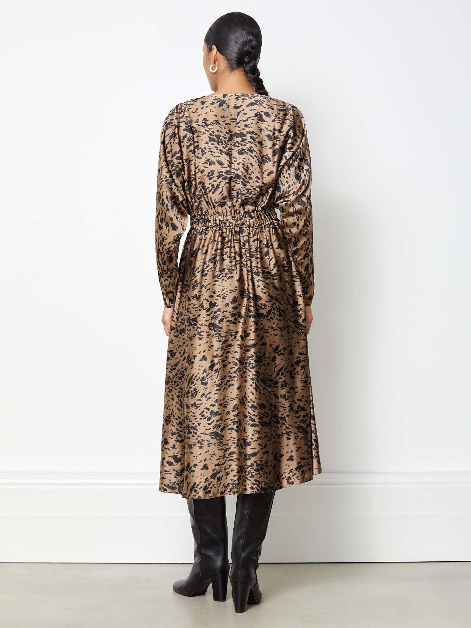 Albaray Smudgy Animal Print Gathered Waist Midi Satin Dress Brown