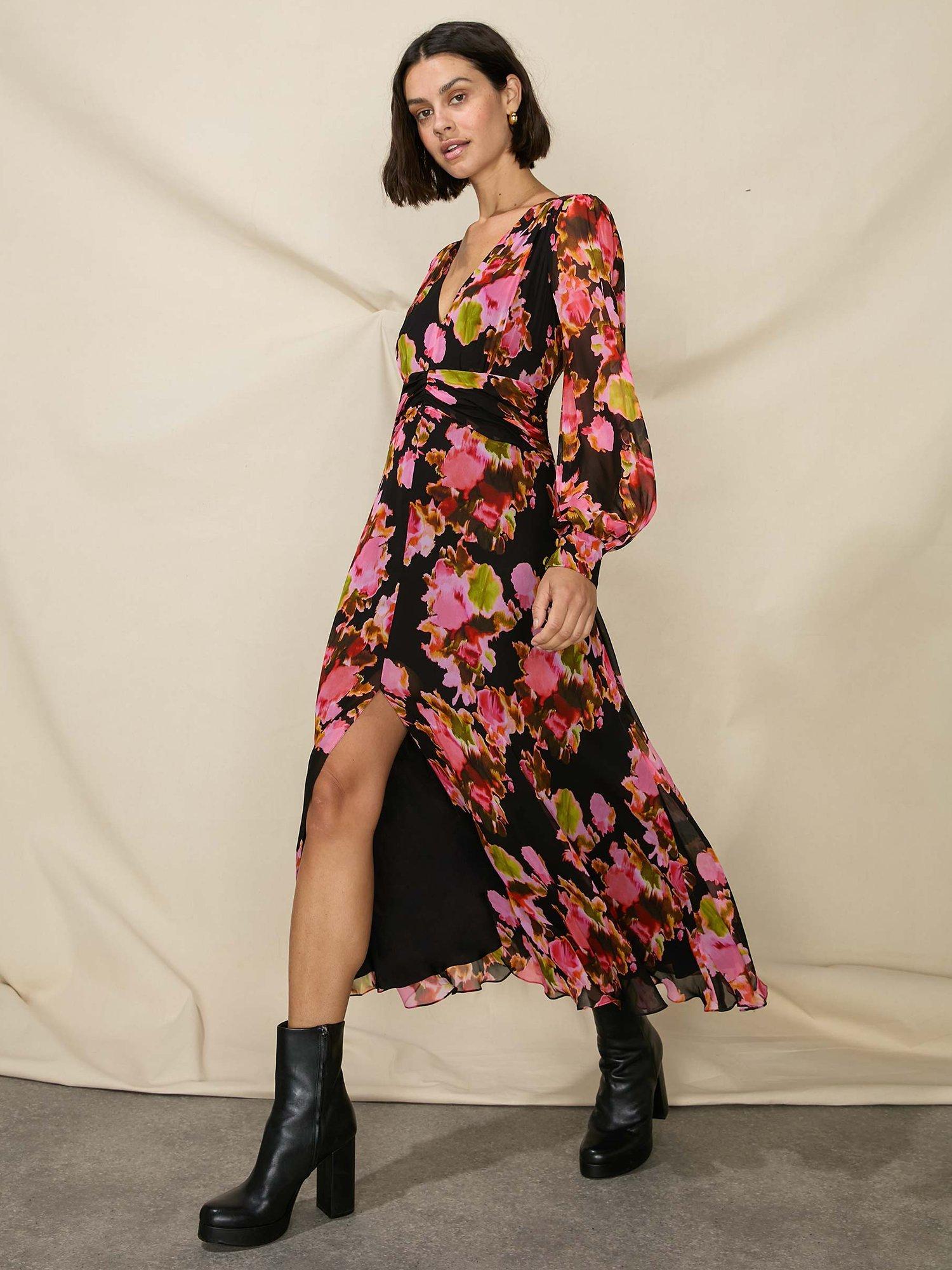 Ro&Zo Petite Blurred Floral Print Midi Dress, Black/Multi