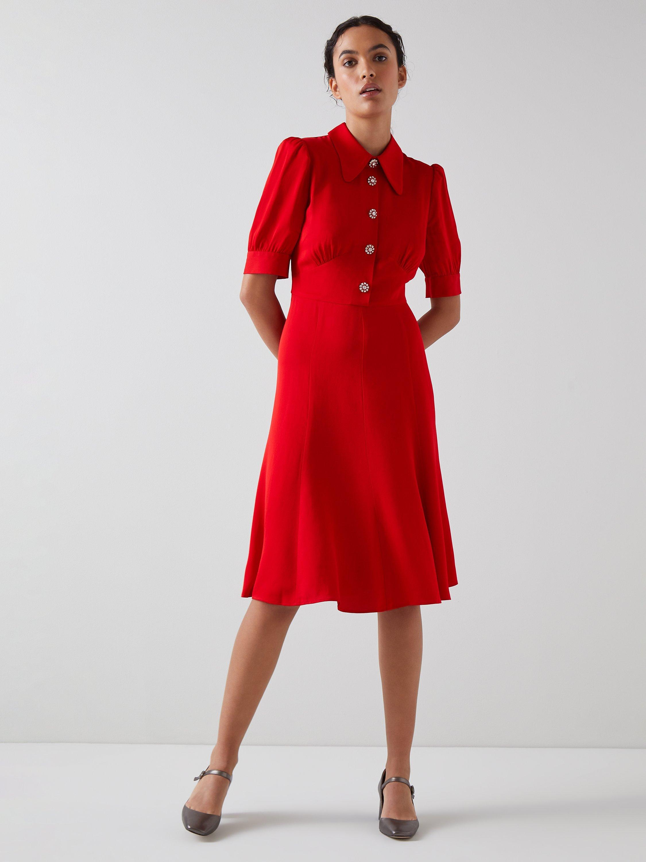 L.K.Bennett Esme Embellished Button Dress, Cherry Red
