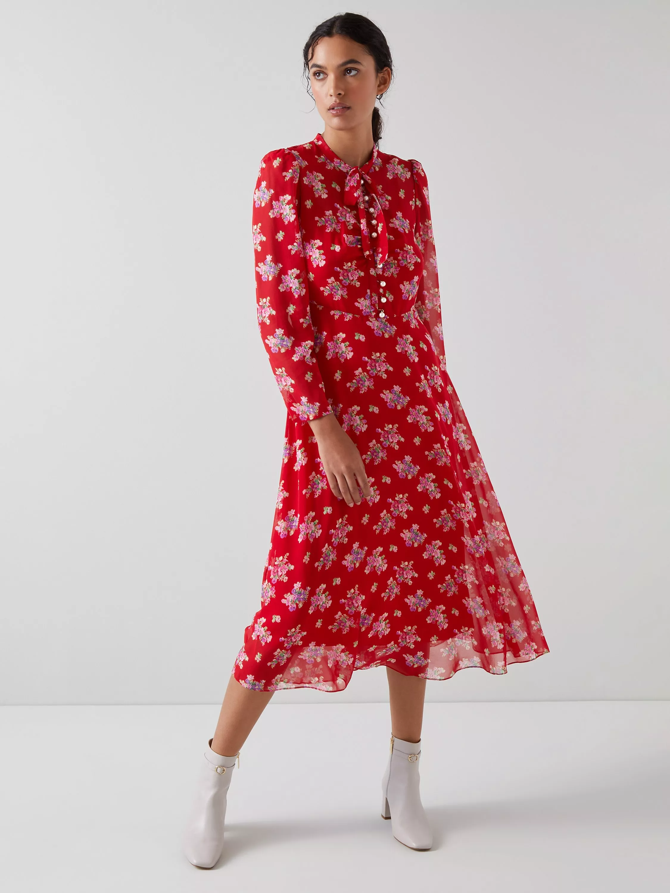 L.K.Bennett Keira Floral Print Silk Midi Dress Red Multi