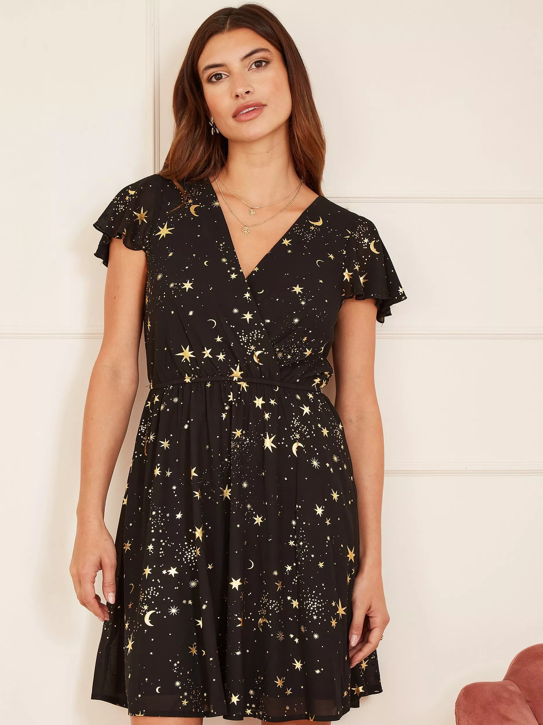 Yumi Mela London Foil Star Print Wrap Skater Dress Black