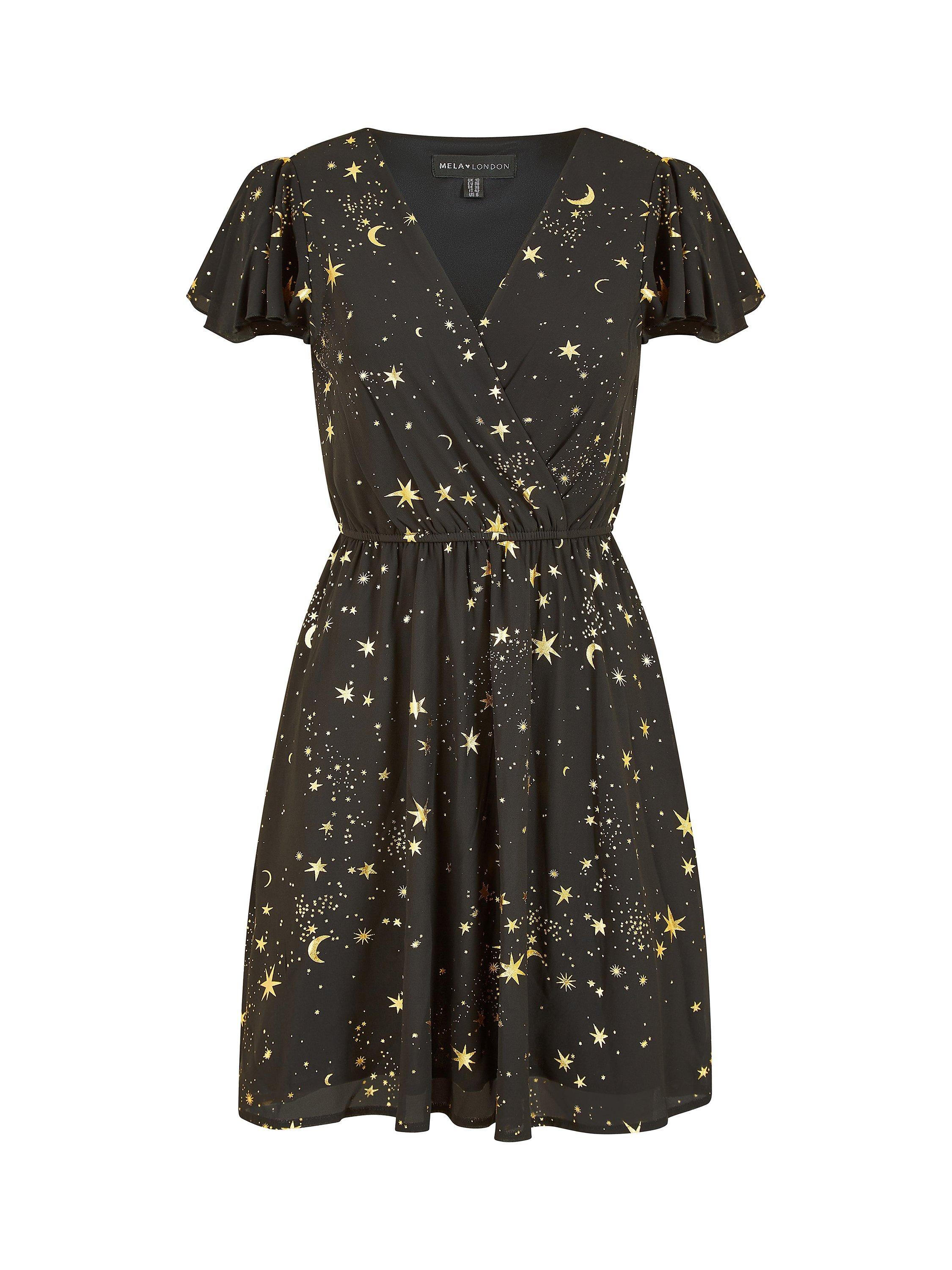 Product image 4 of 4, which shows Yumi Foil Star Print Wrap Skater Dress, Black, 8