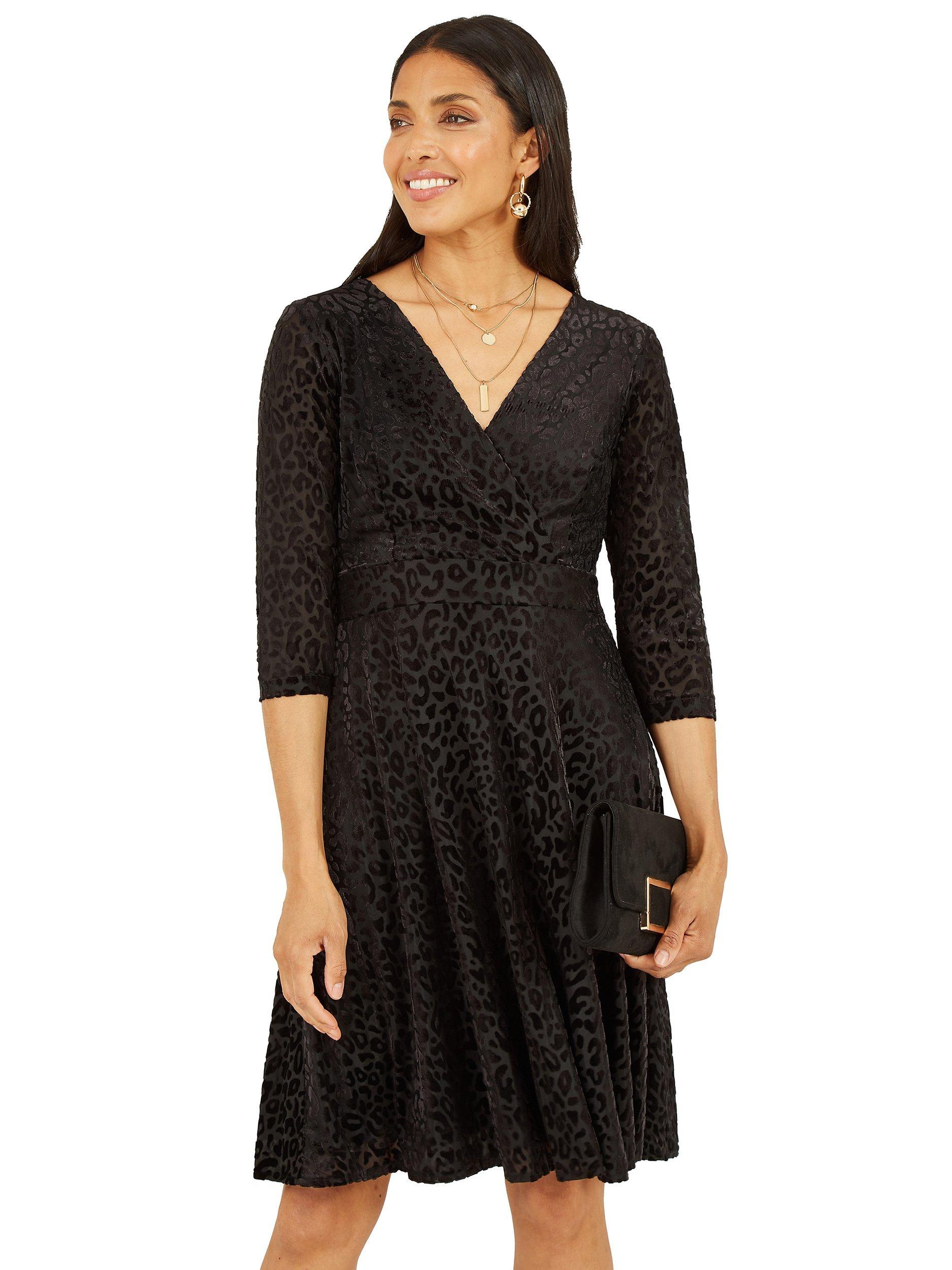 Yumi Mela London Velour Leopard Print Skater Dress, Black
