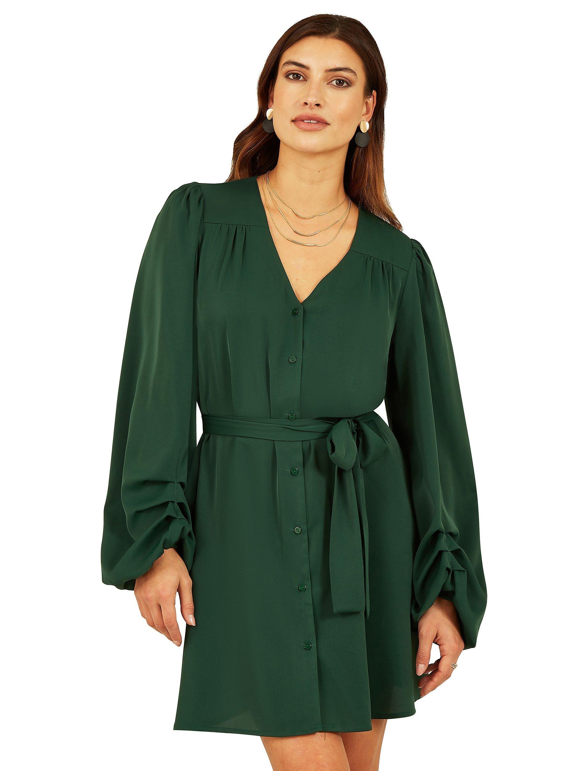 Mela London Balloon Sleeve Shirt Dress, Green