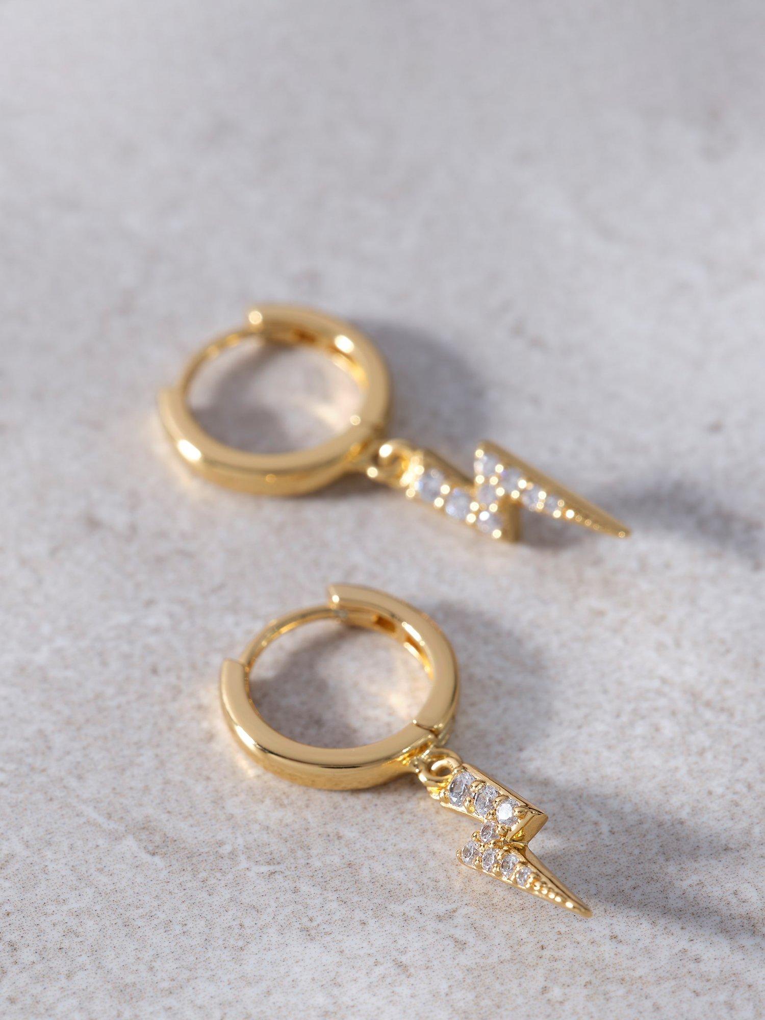 Product image 1 of 3, which shows Mint Velvet Crystal Lightning Bolt Charm Huggie Earrings, Gold, One Size