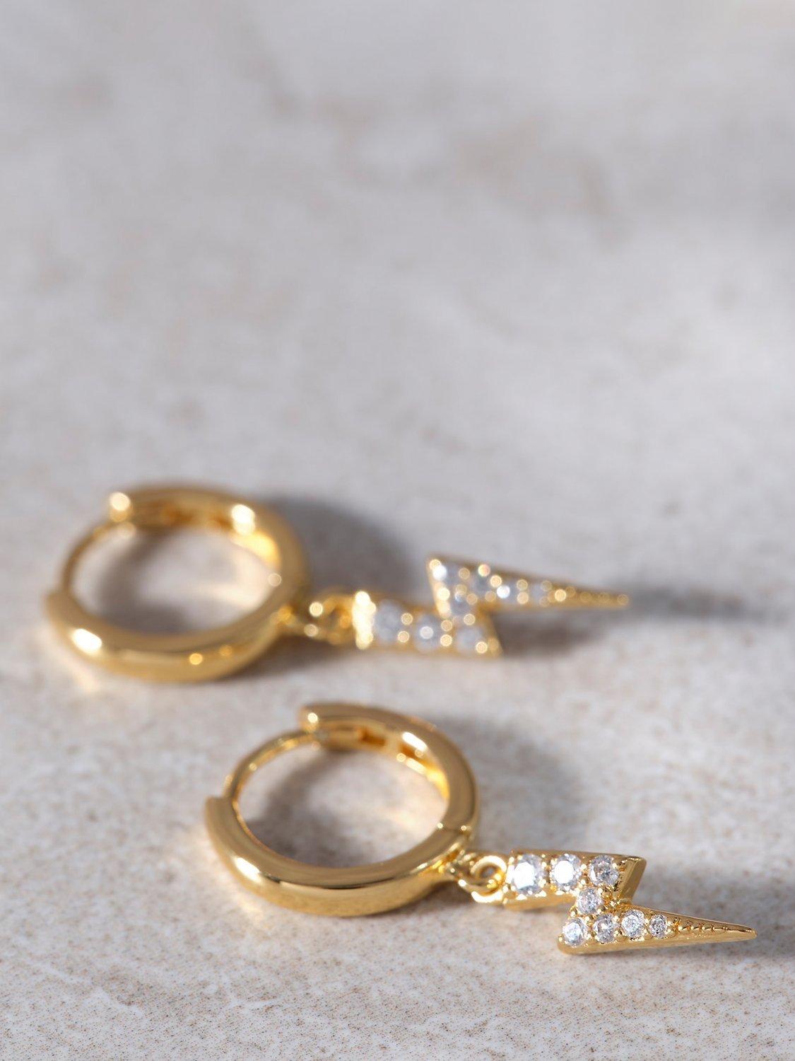 Product image 2 of 3, which shows Mint Velvet Crystal Lightning Bolt Charm Huggie Earrings, Gold, One Size