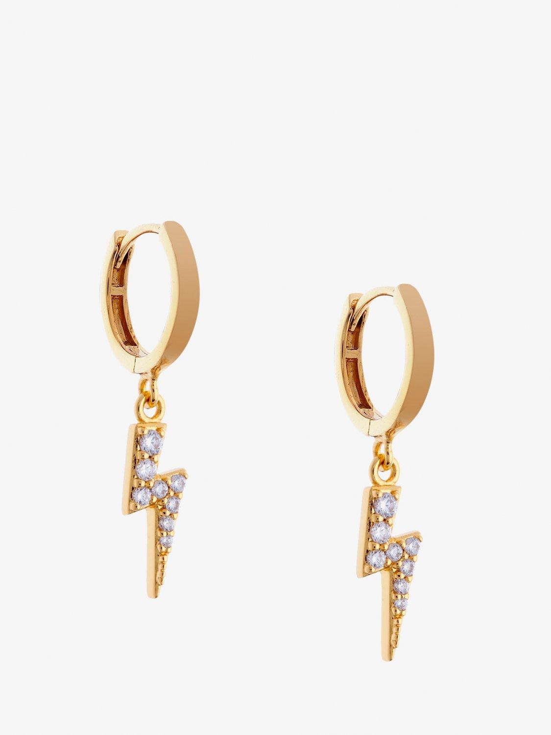 Product image 3 of 3, which shows Mint Velvet Crystal Lightning Bolt Charm Huggie Earrings, Gold, One Size