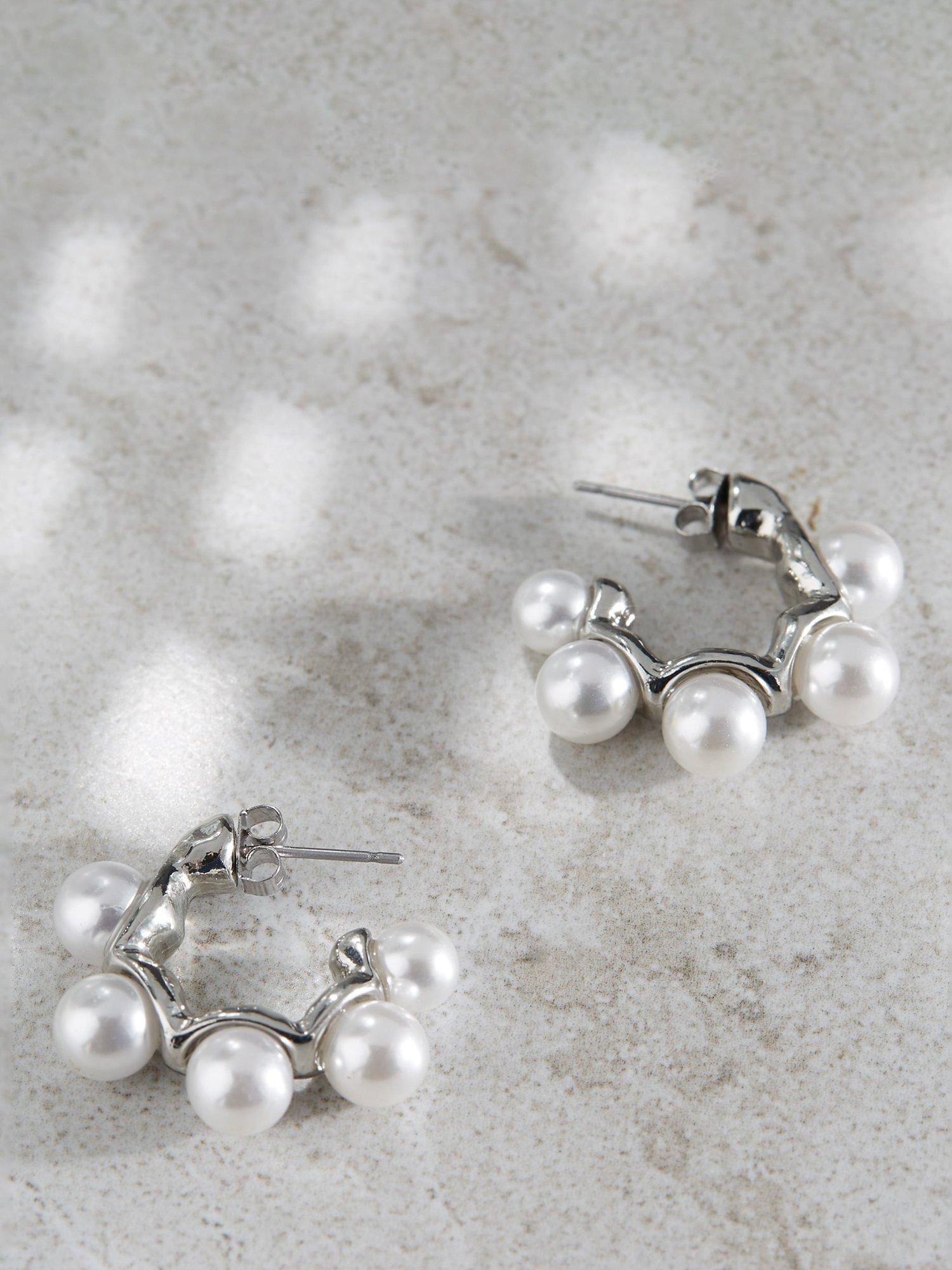Mint Velvet Pearl Hoop Earrings, Silver