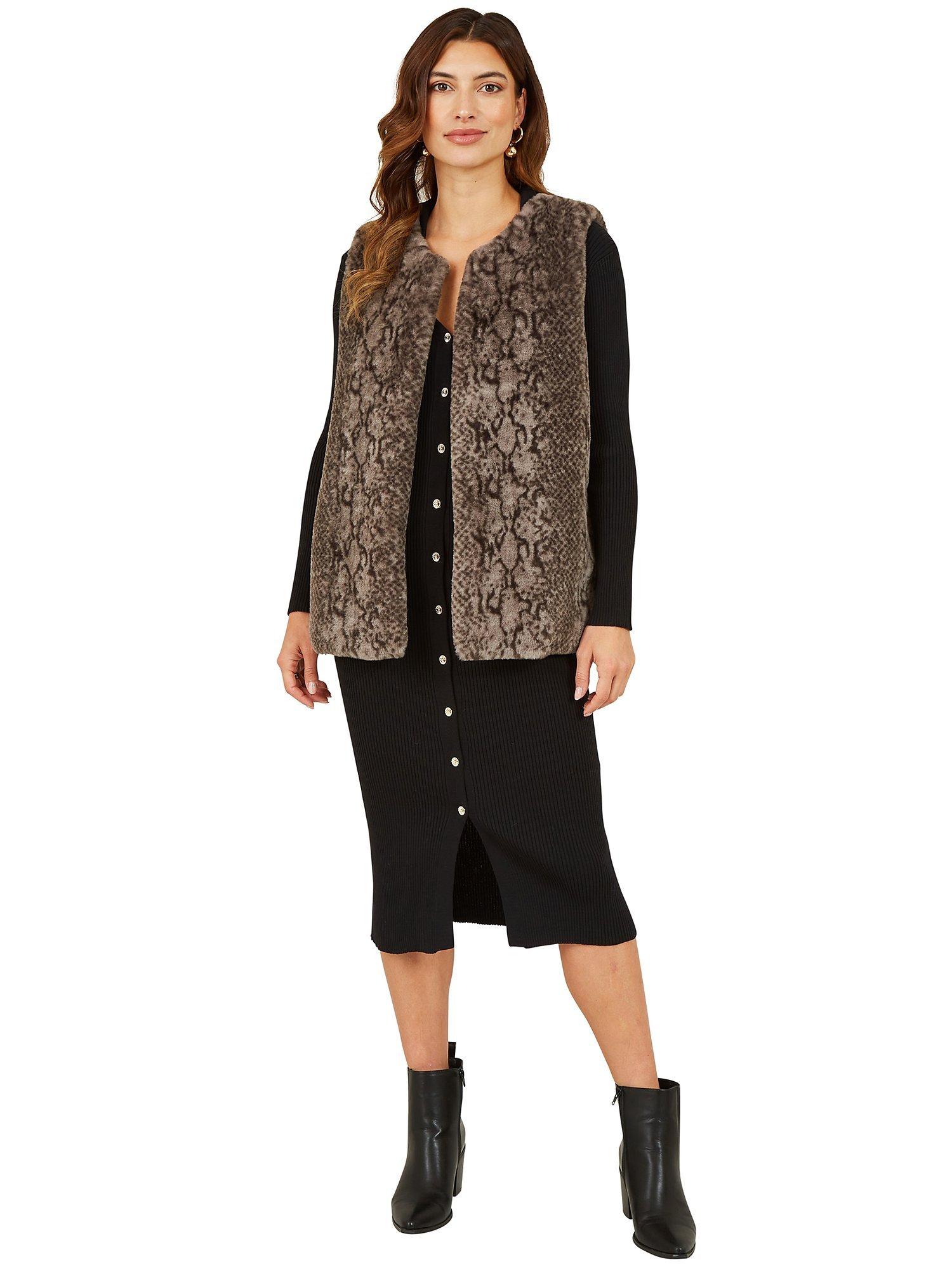 Yumi Snake Print Faux Fur Gilet, Grey
