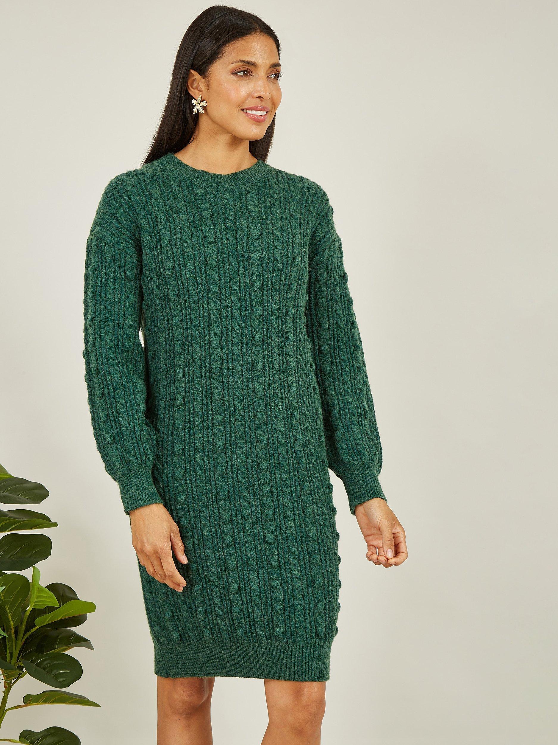 Yumi Cable Knit Jumper Dress, Green
