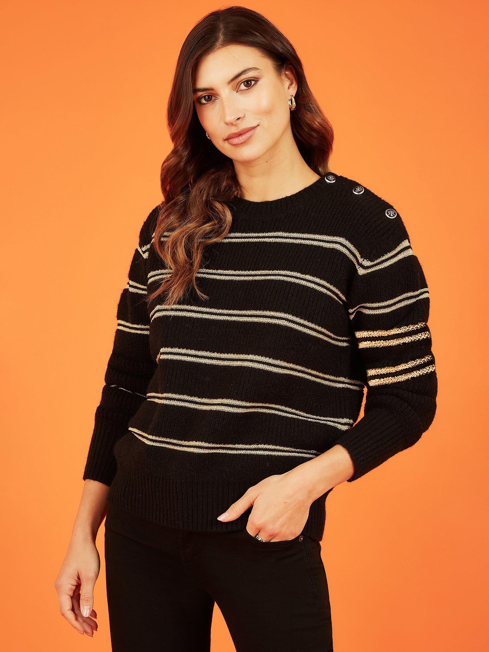 Yumi Stripe Button Shoulder Jumper, Black