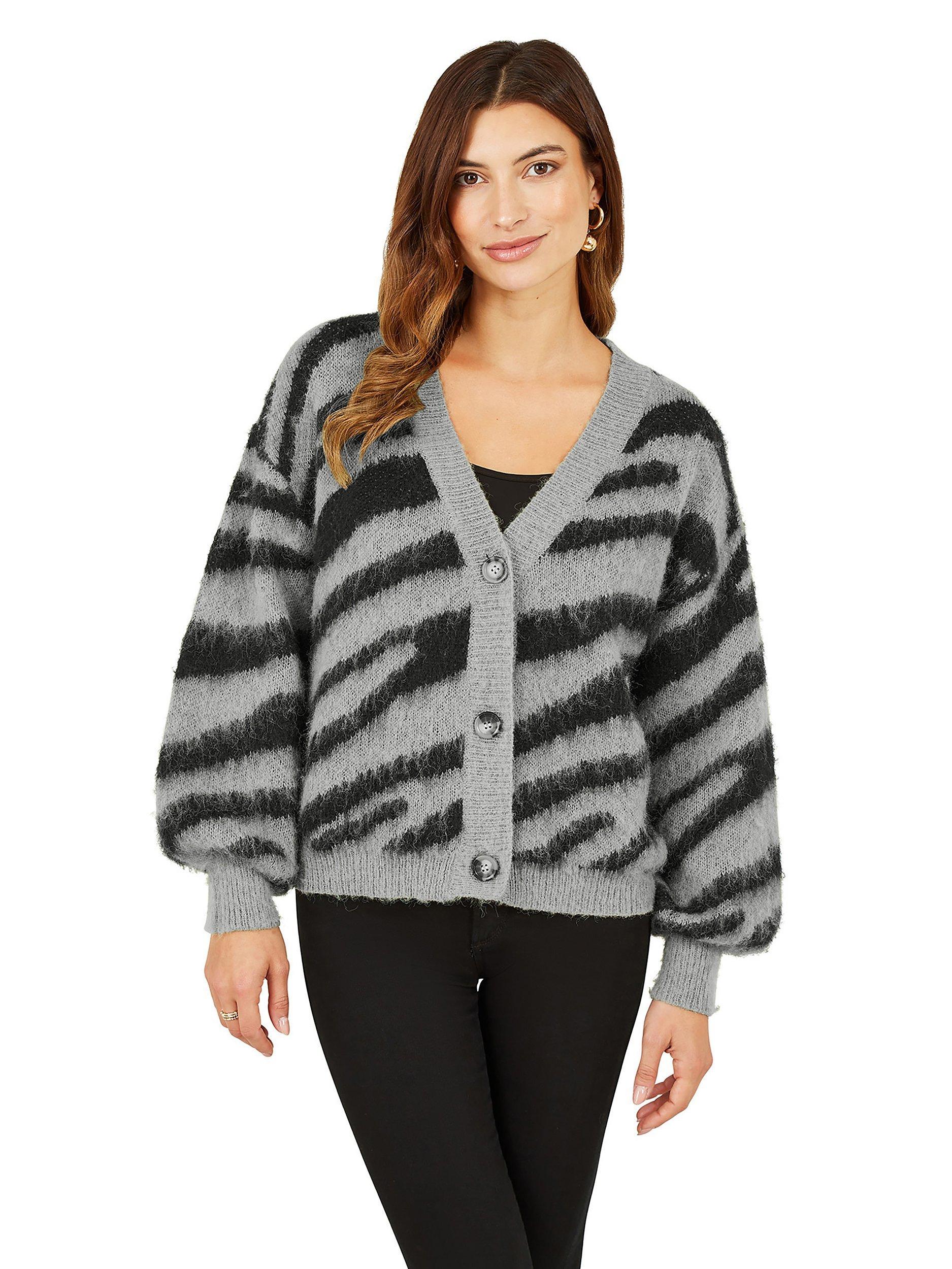 Yumi Zebra Print Intarsia Cardigan, Grey